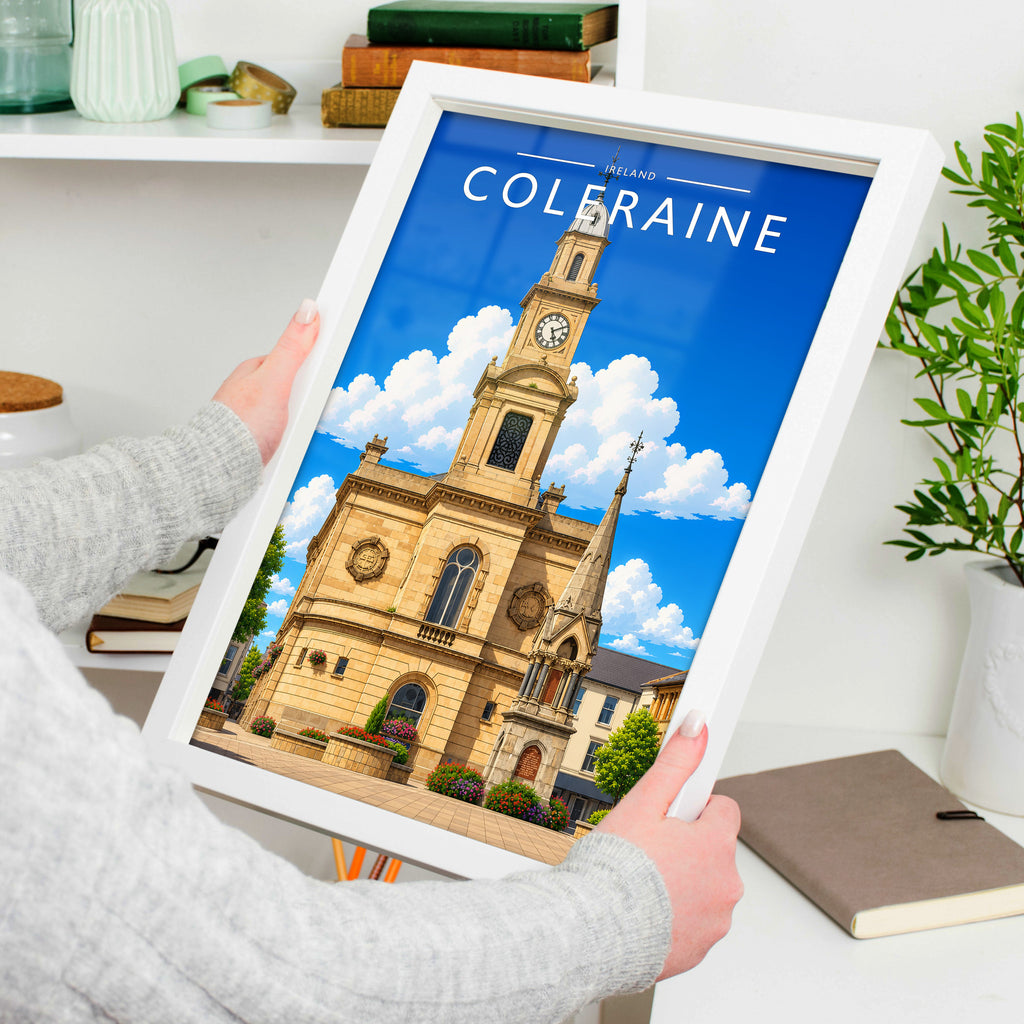 Coleraine Travel Poster in a white frame, held to show scale