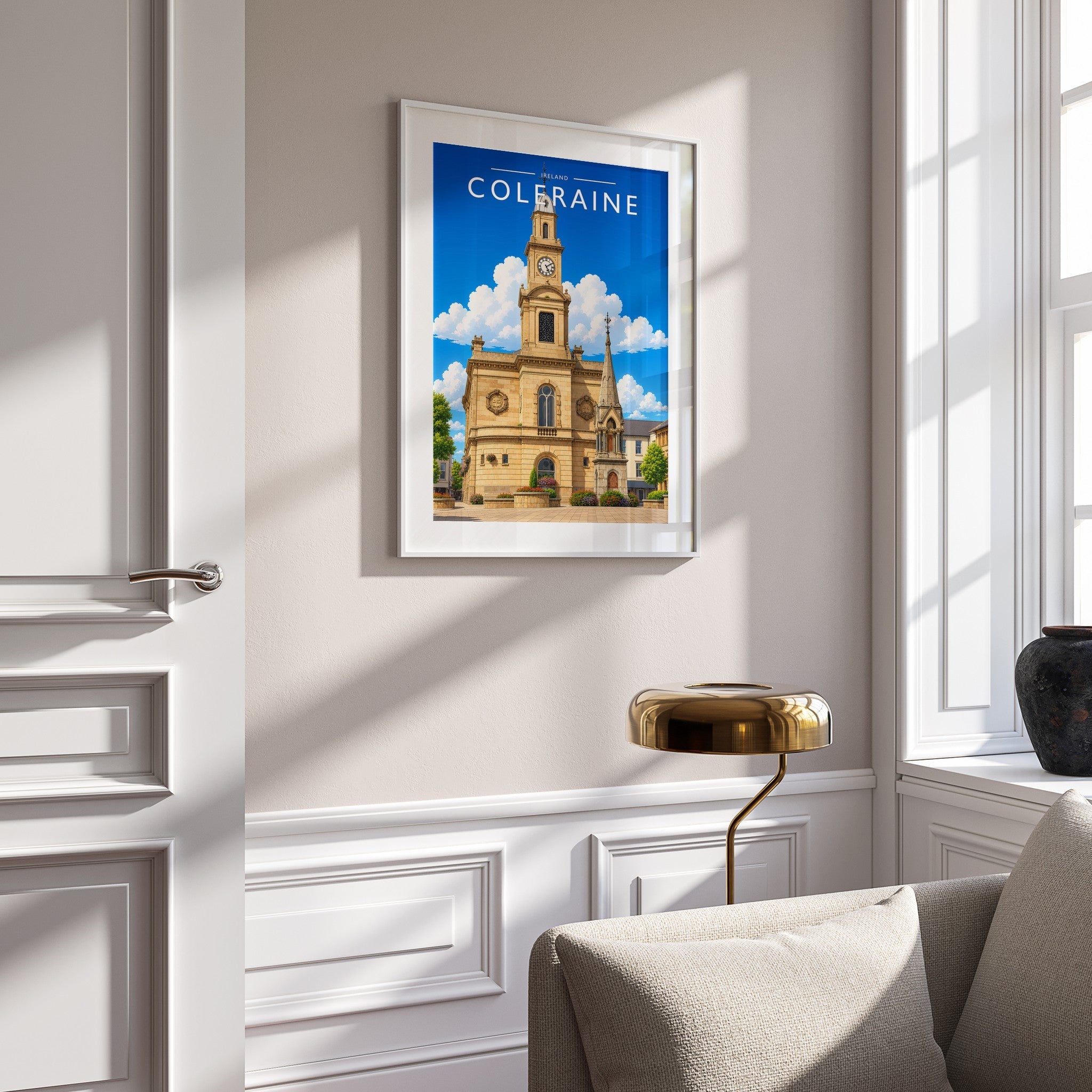 Coleraine Travel Poster mounted in a white frame