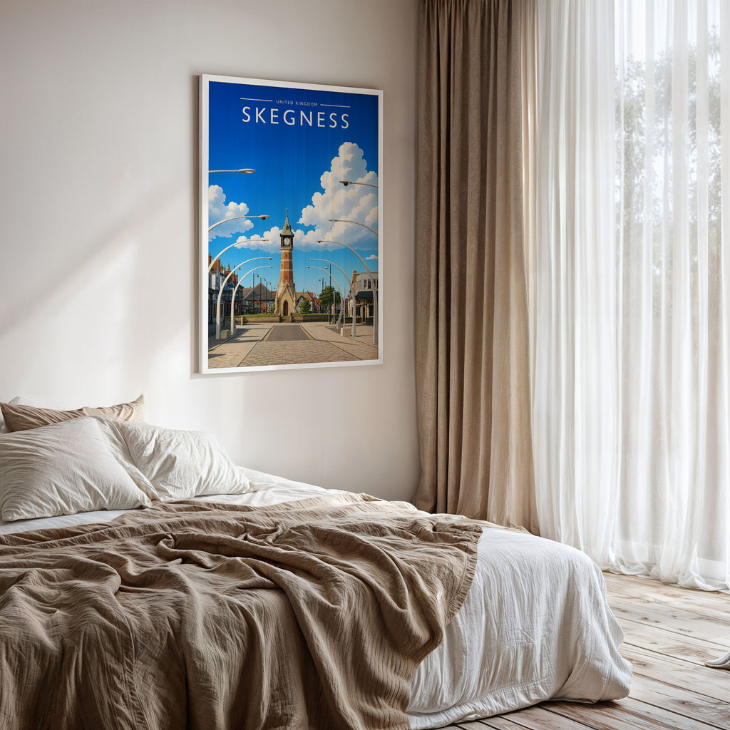 Skegness #2 Travel Poster framed on a bedroom wall