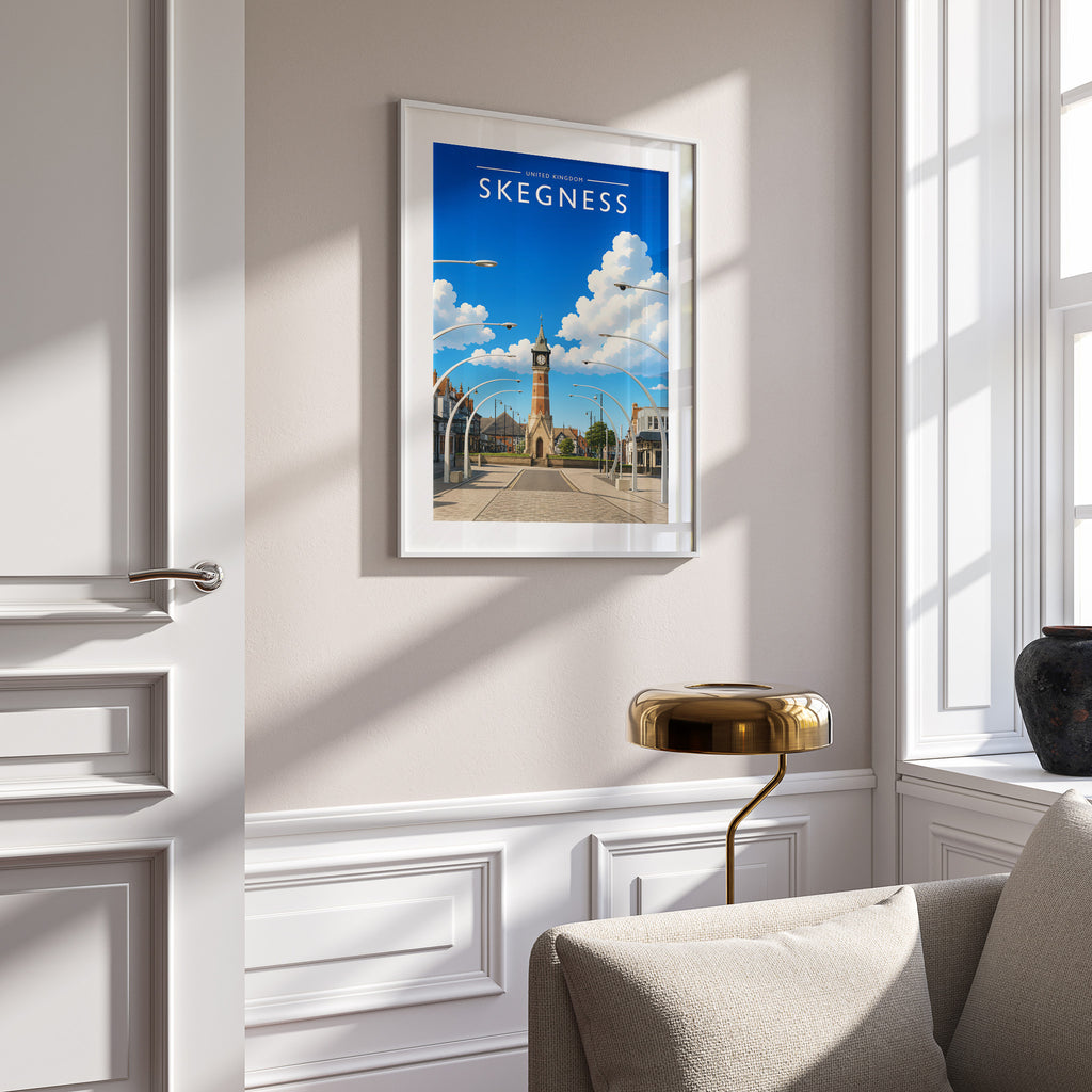 Skegness #2 Travel Poster in a white frame on a panelled wall