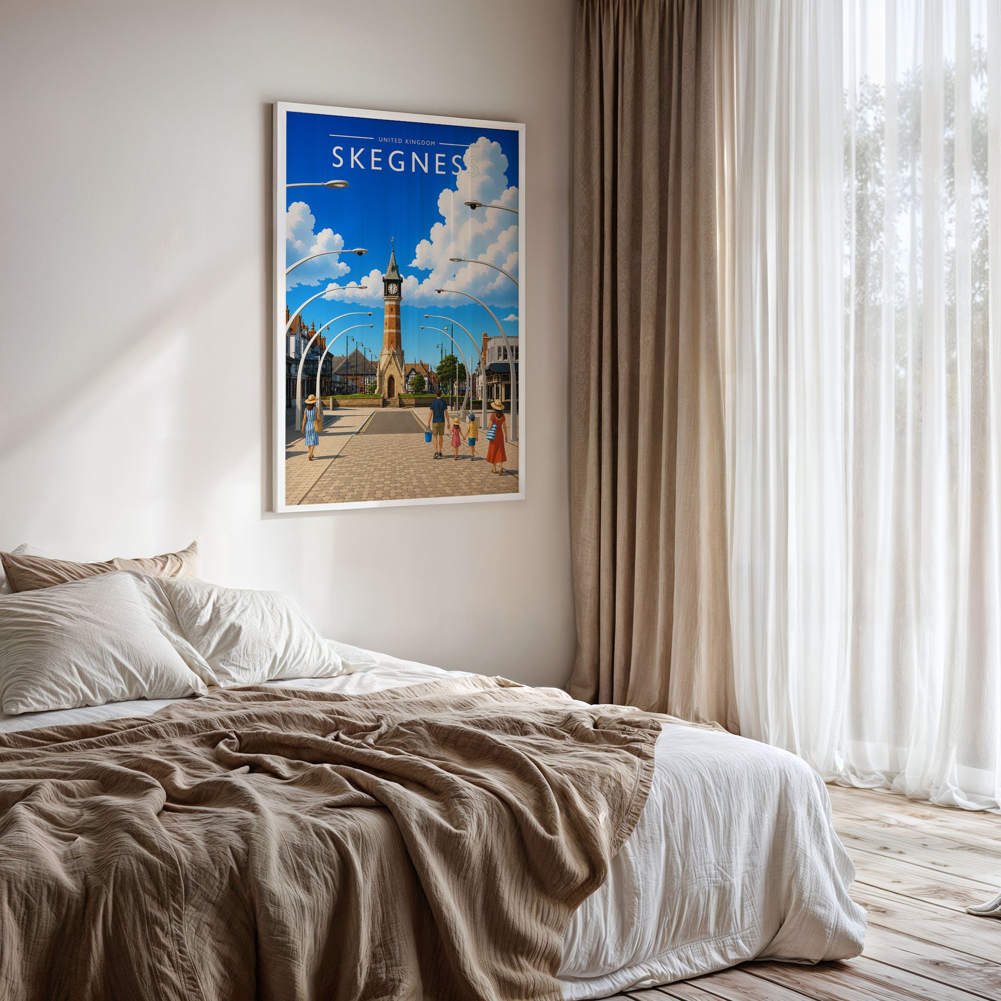 Skegness #3 Travel Poster framed on a bedroom wall