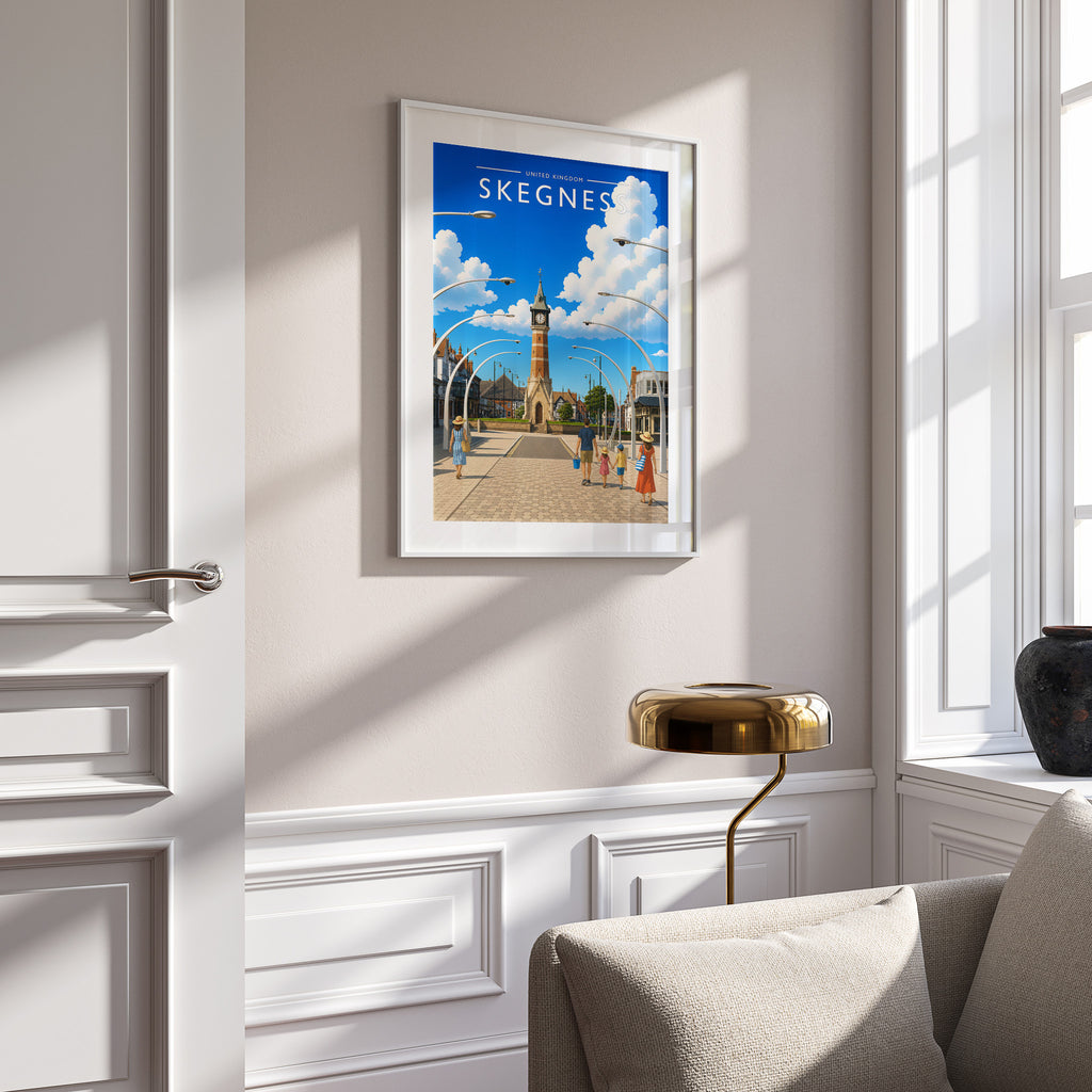 Skegness #3 Travel Poster in a white frame on a panelled wall