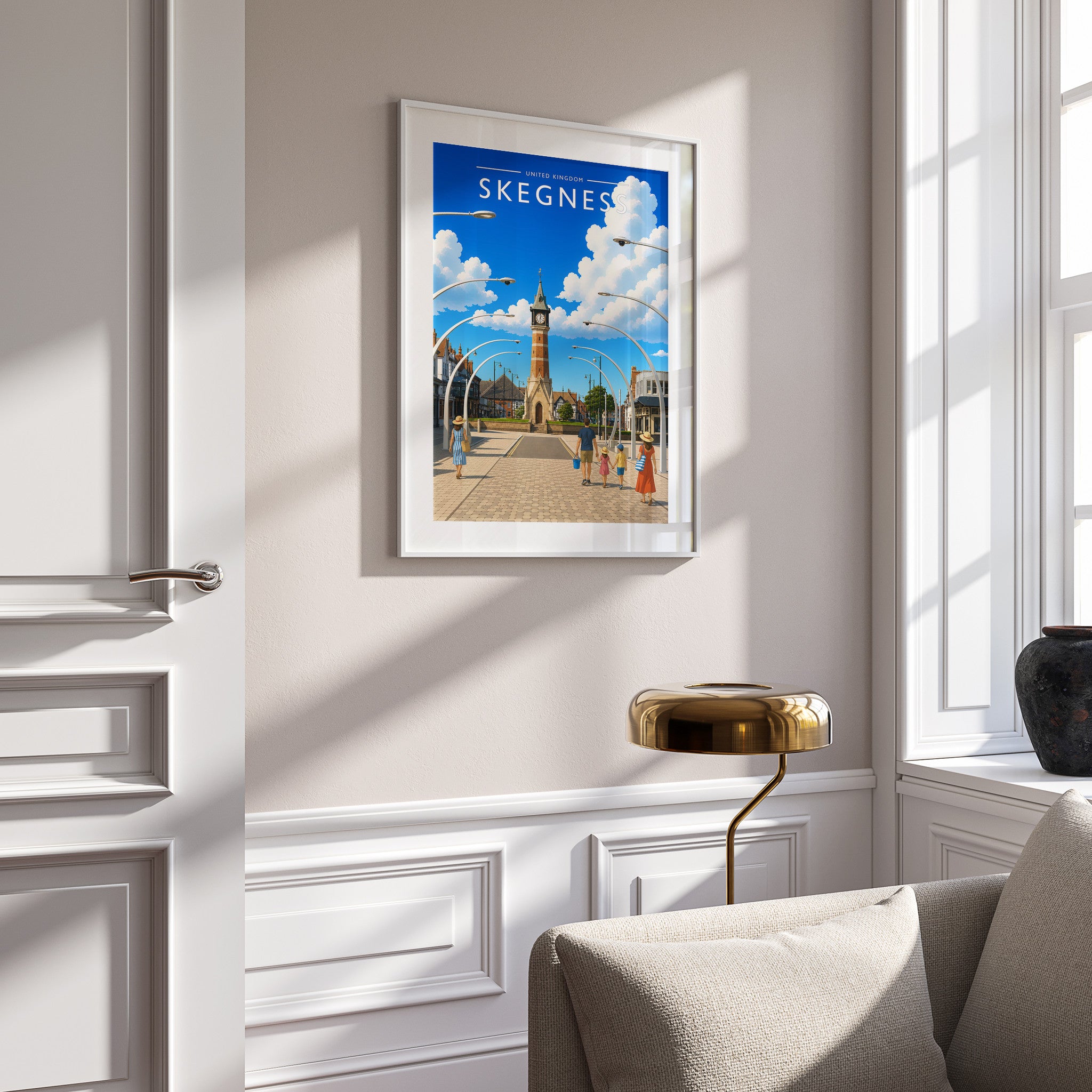 Skegness #3 Travel Poster in a white frame on a panelled wall
