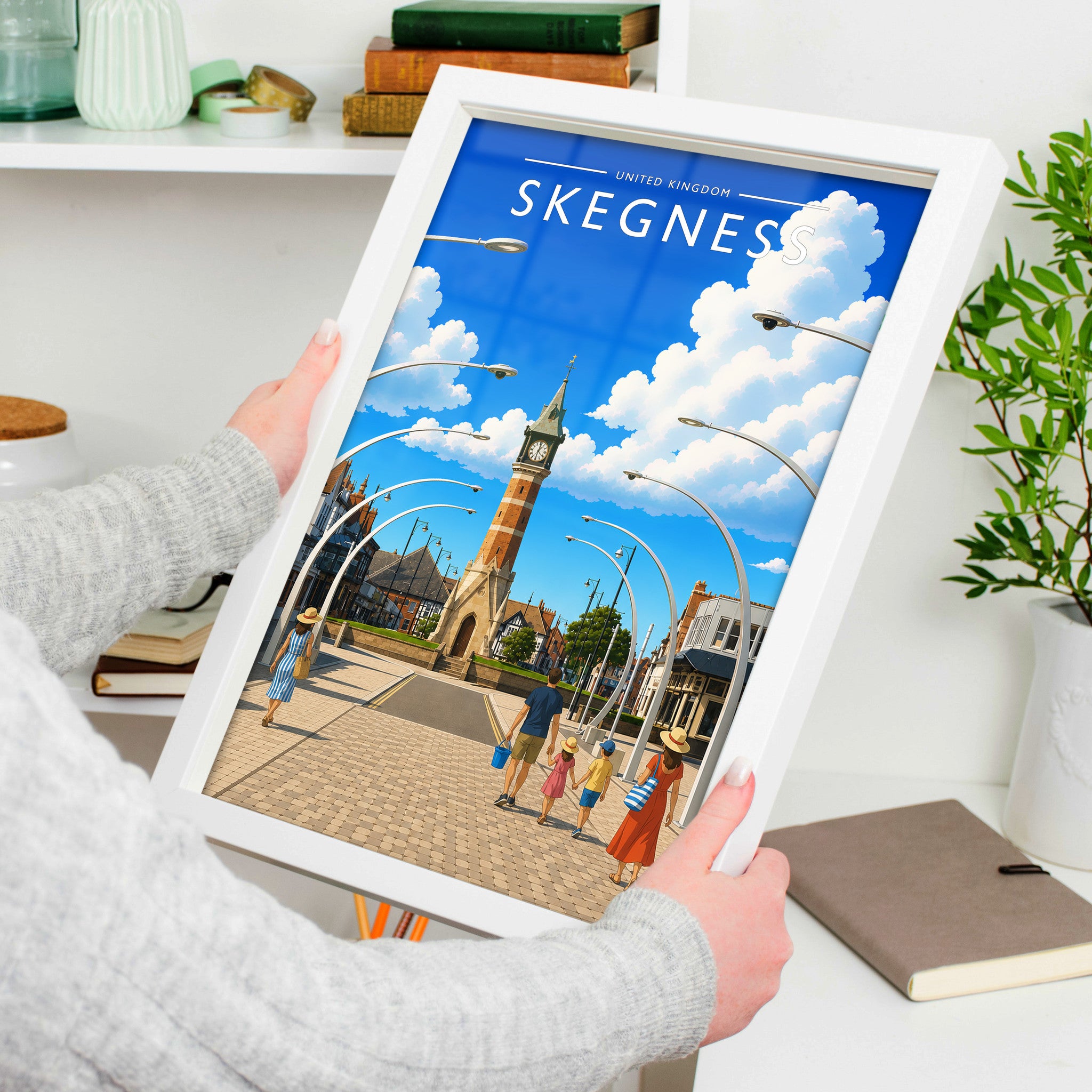 Skegness #3 Travel Poster in a white frame, held to show scale