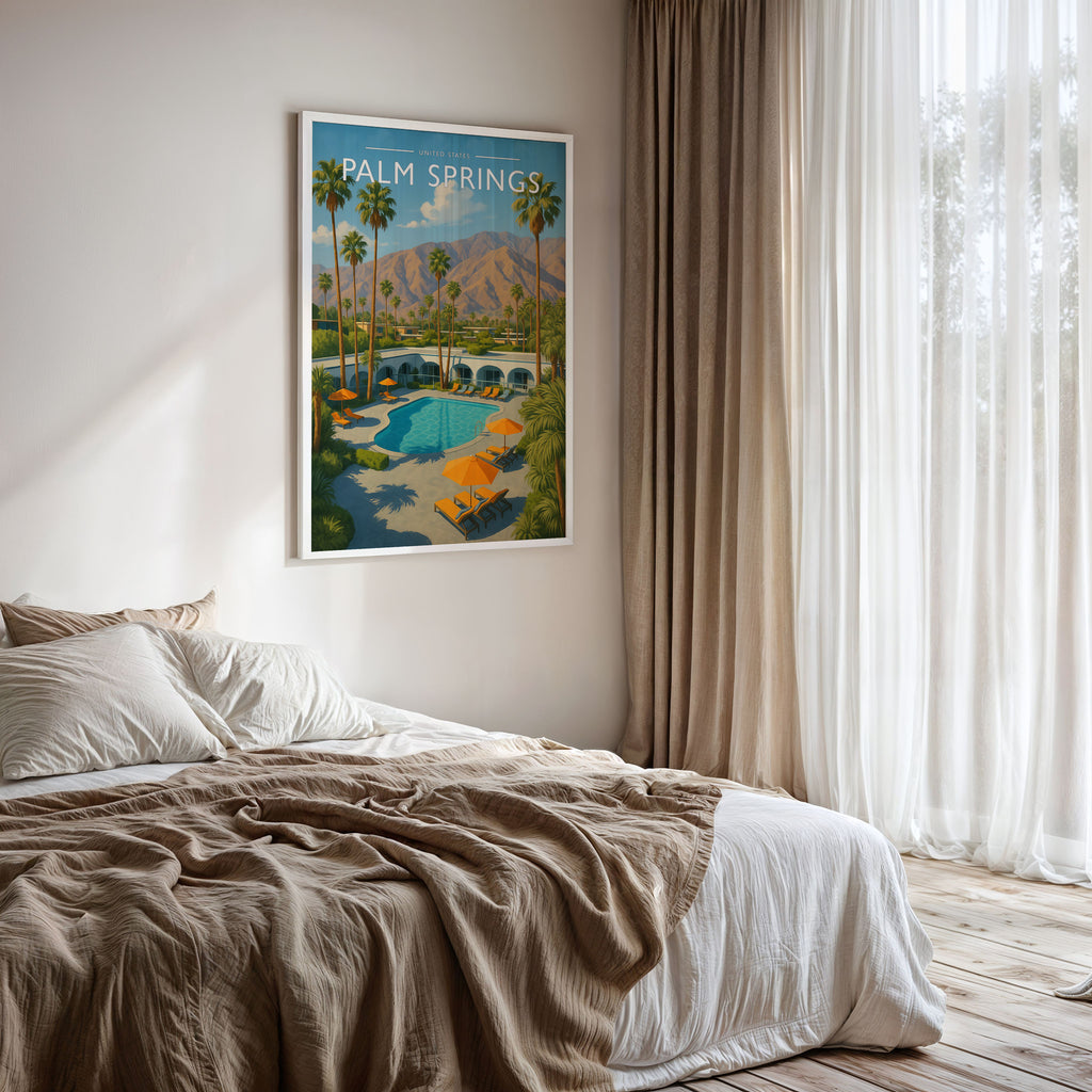 Palm Springs Travel Poster framed on a bedroom wall