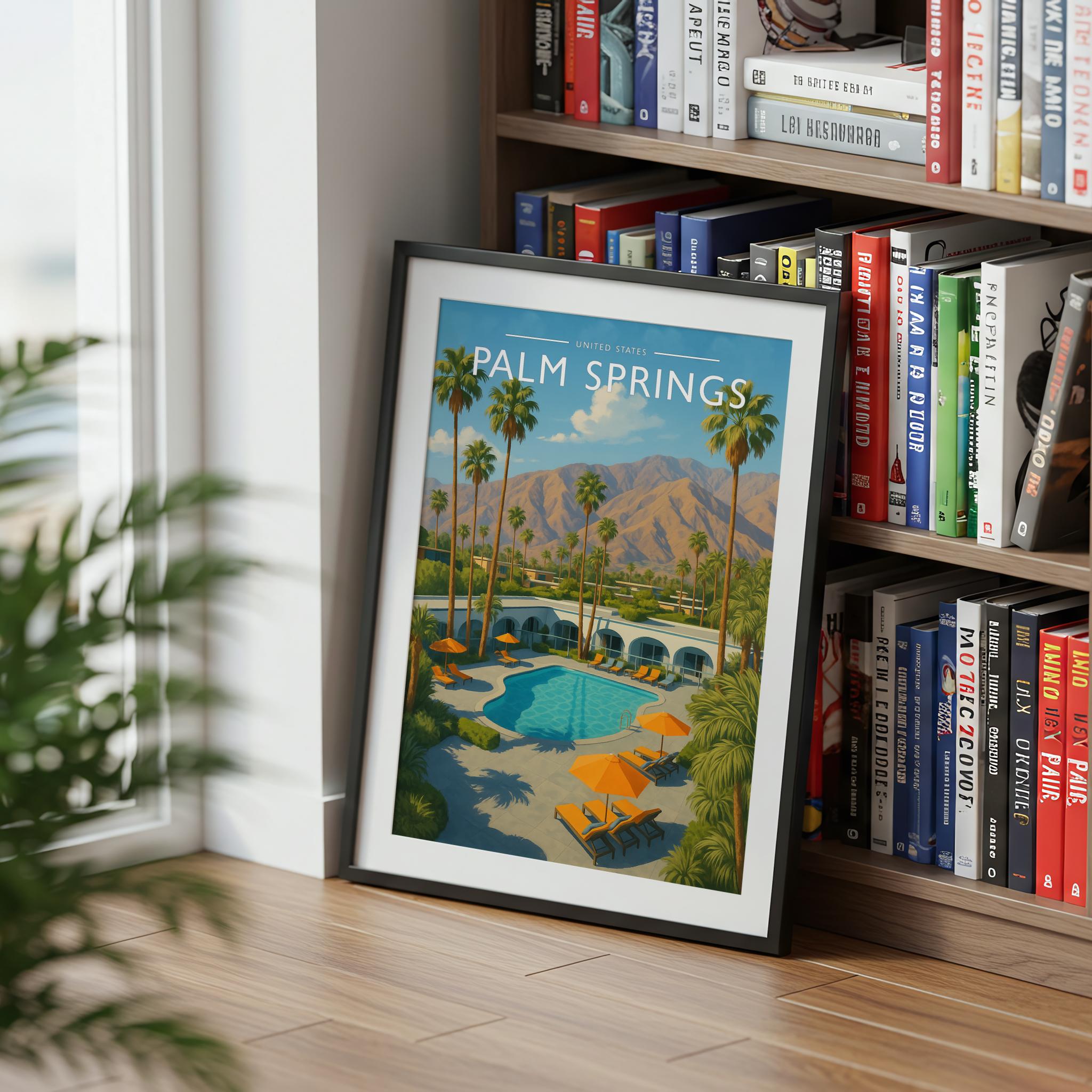 Palm Springs Travel Poster mounted in a black frame