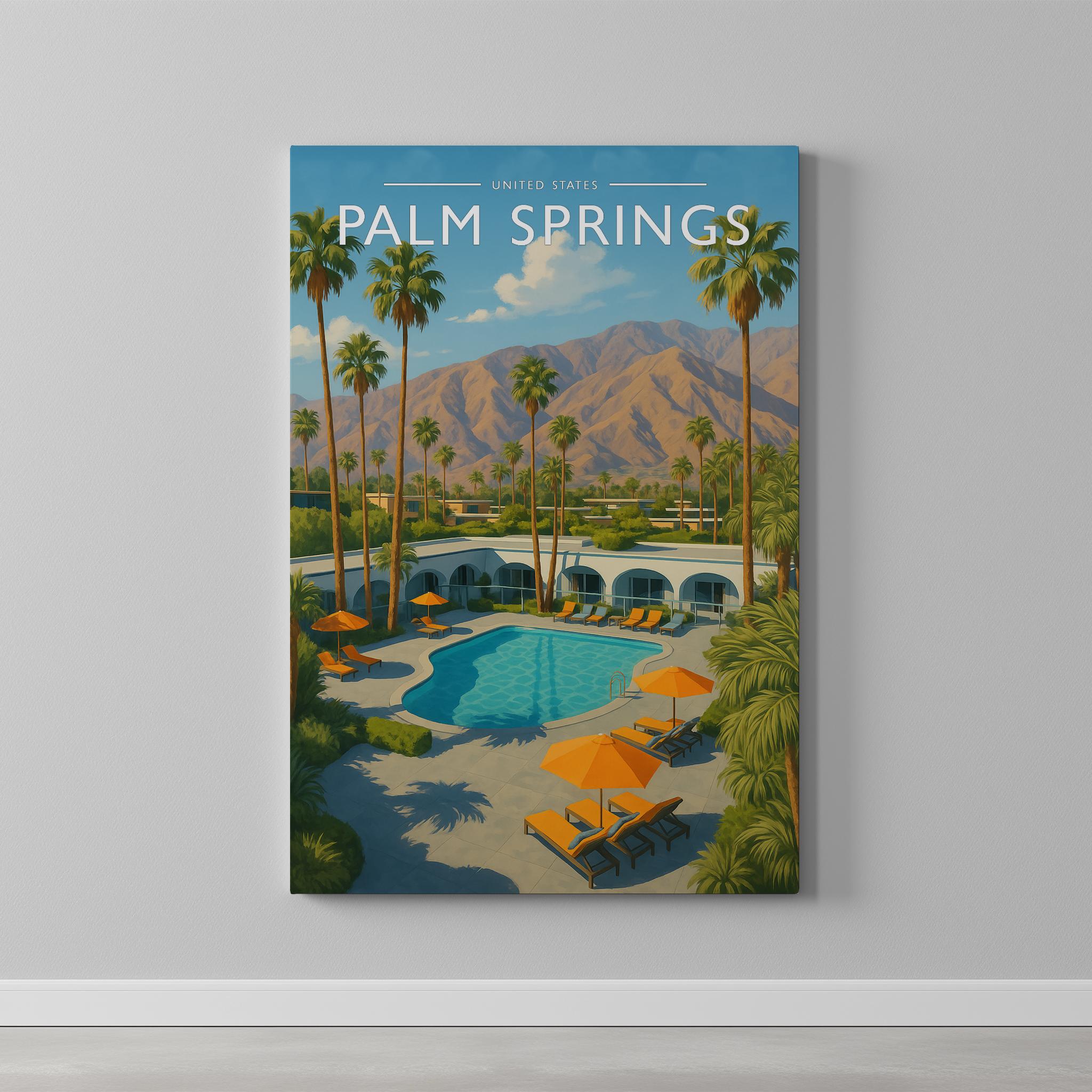 Palm Springs Travel Poster as a gallery-wrapped canvas on a plain wall