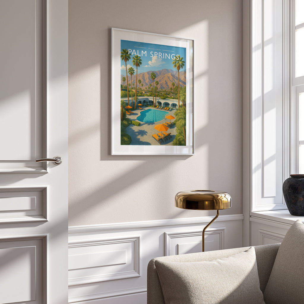 Palm Springs Travel Poster in a white frame on a panelled wall