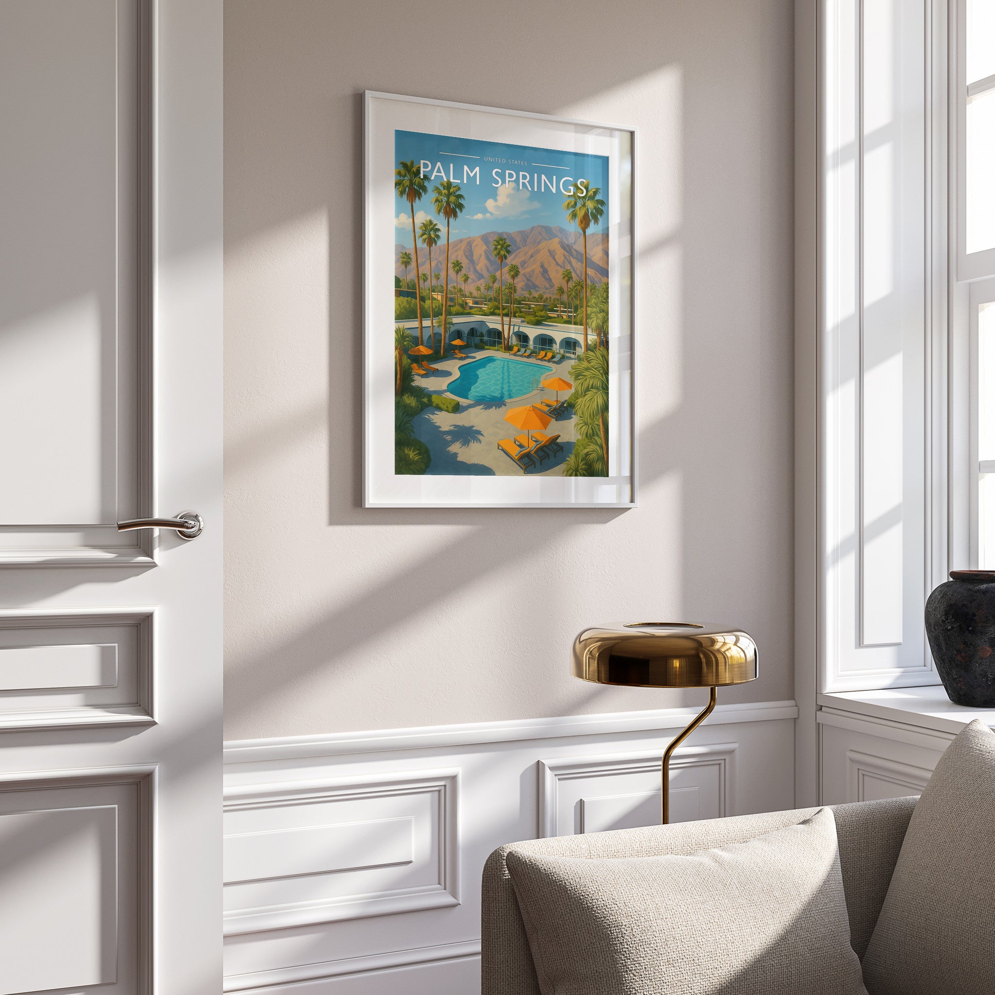 Palm Springs Travel Poster in a white frame on a panelled wall