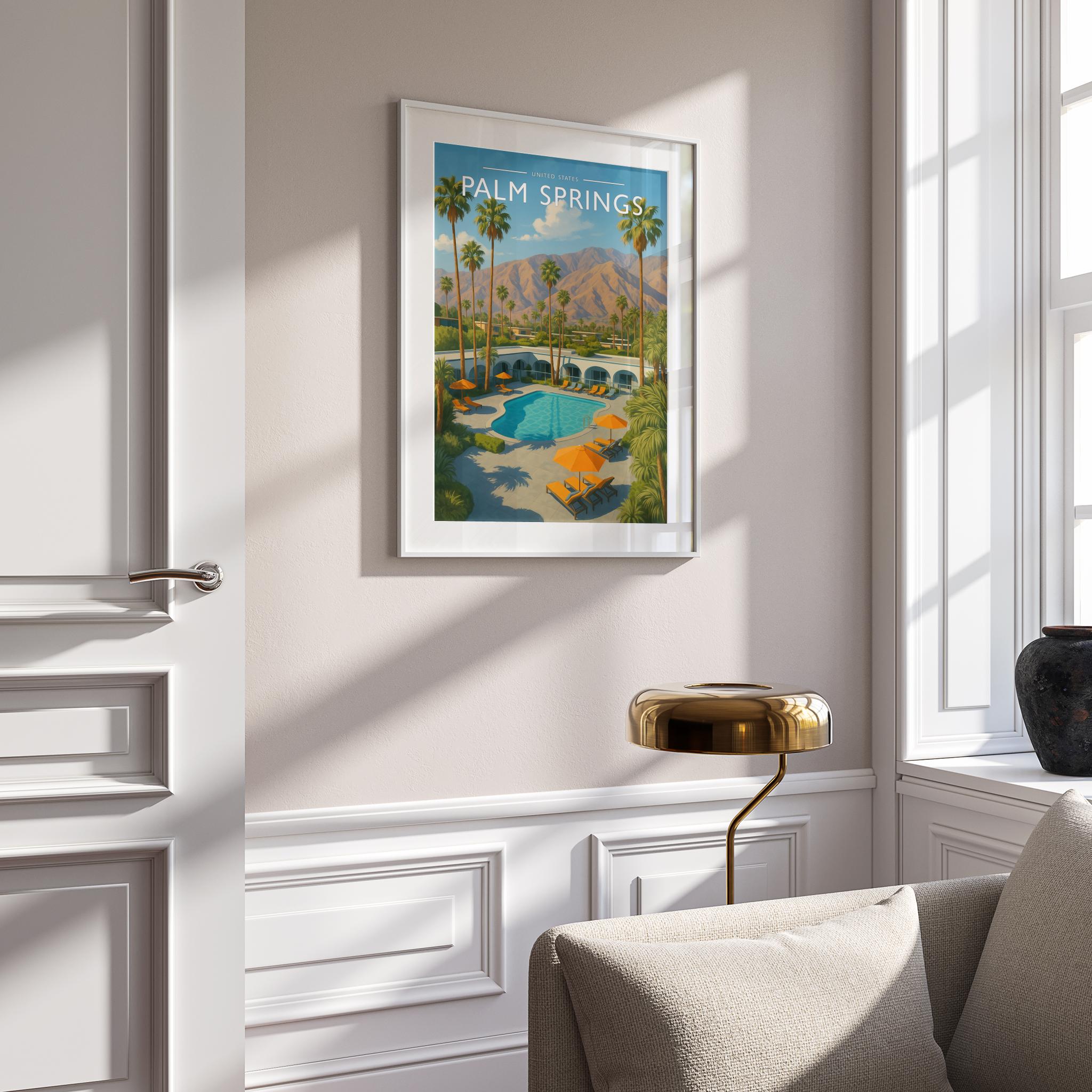 Palm Springs Travel Poster mounted in a white frame
