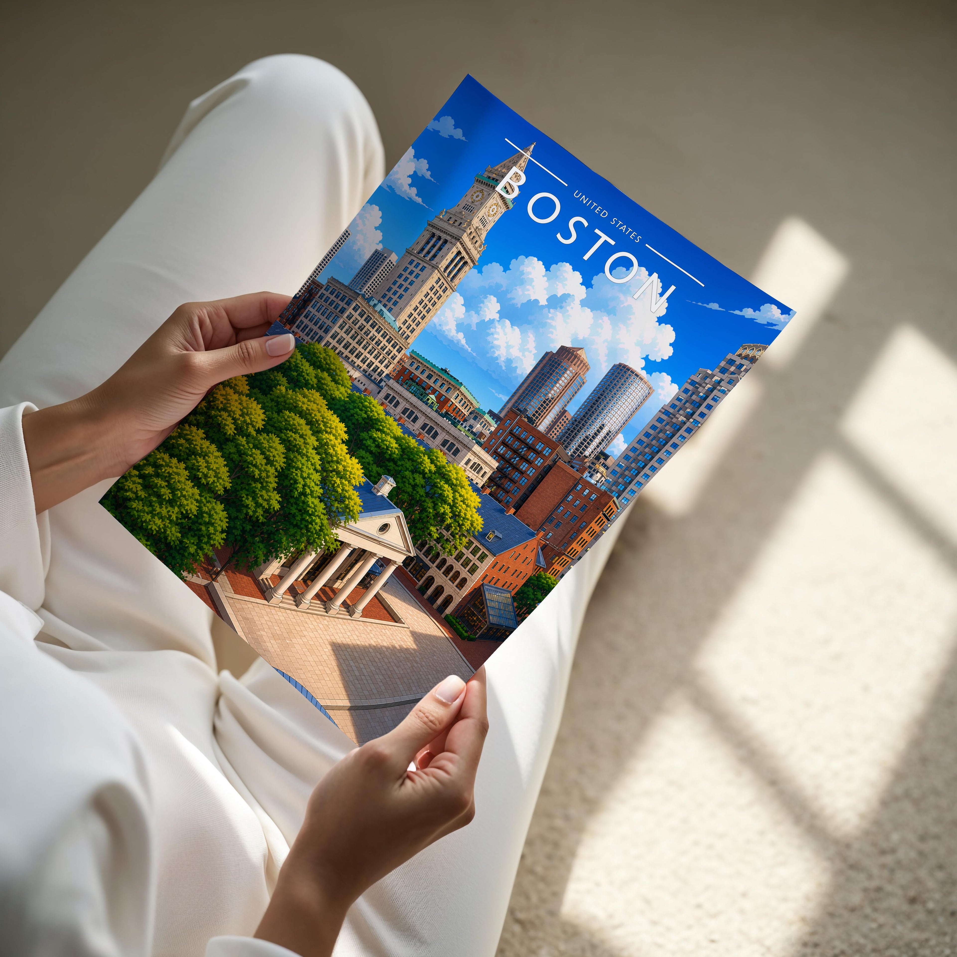 Boston Travel Poster - A4 print held in hand
