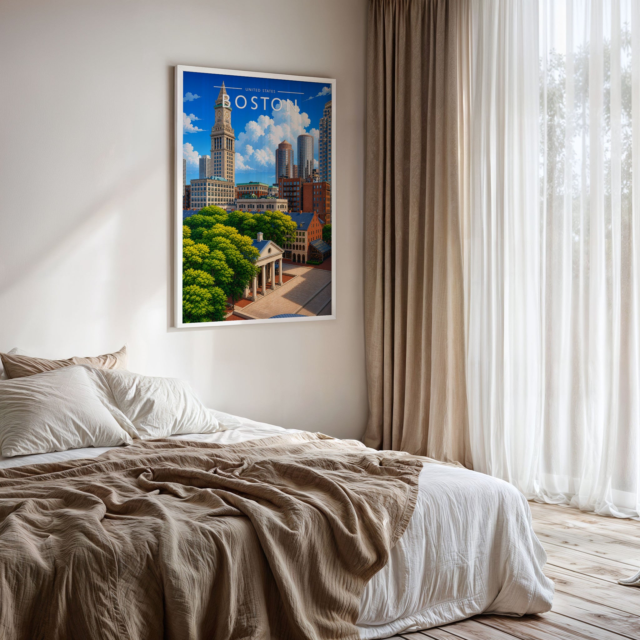 Boston Travel Poster framed on a bedroom wall