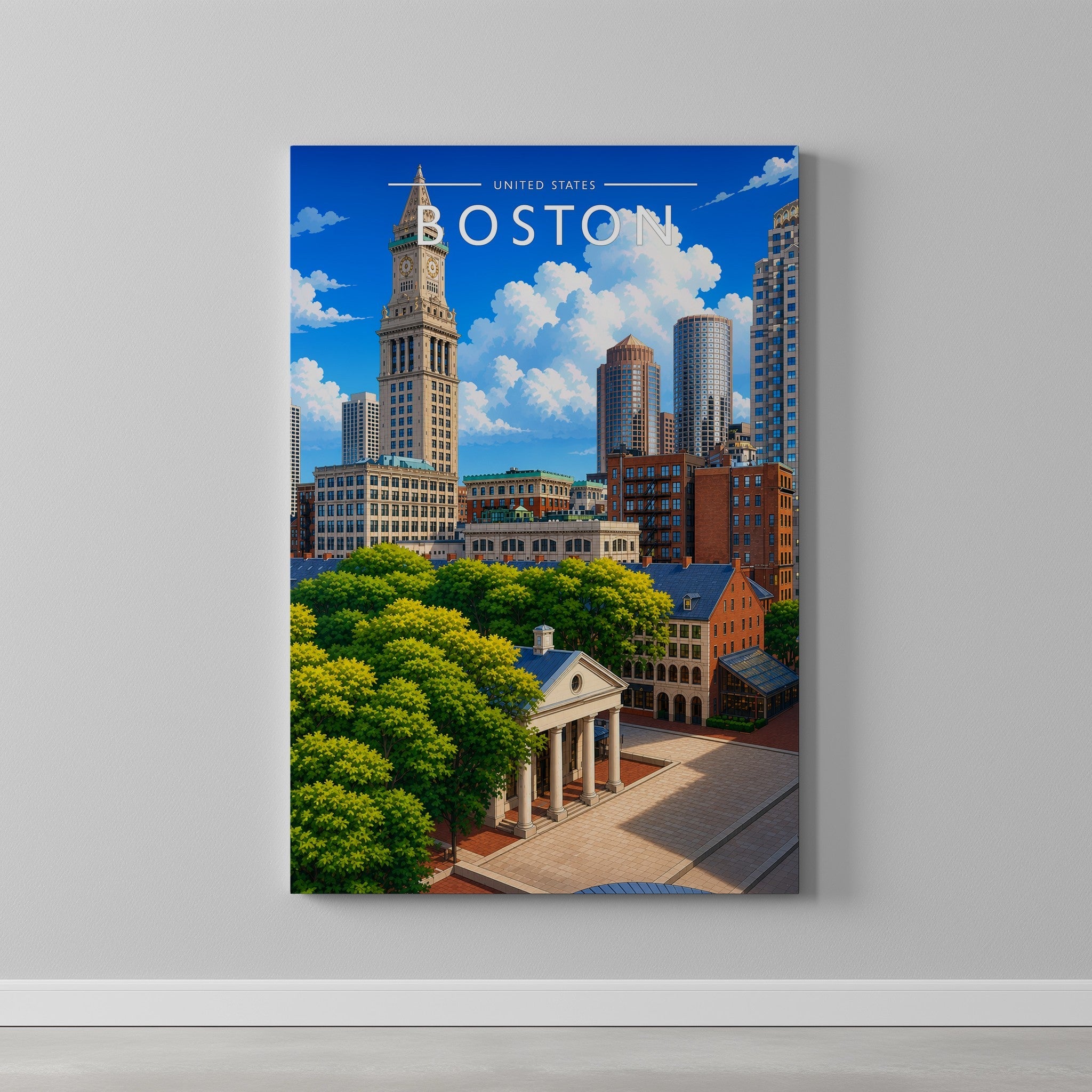Boston Travel Poster as a gallery-wrapped canvas on a plain wall
