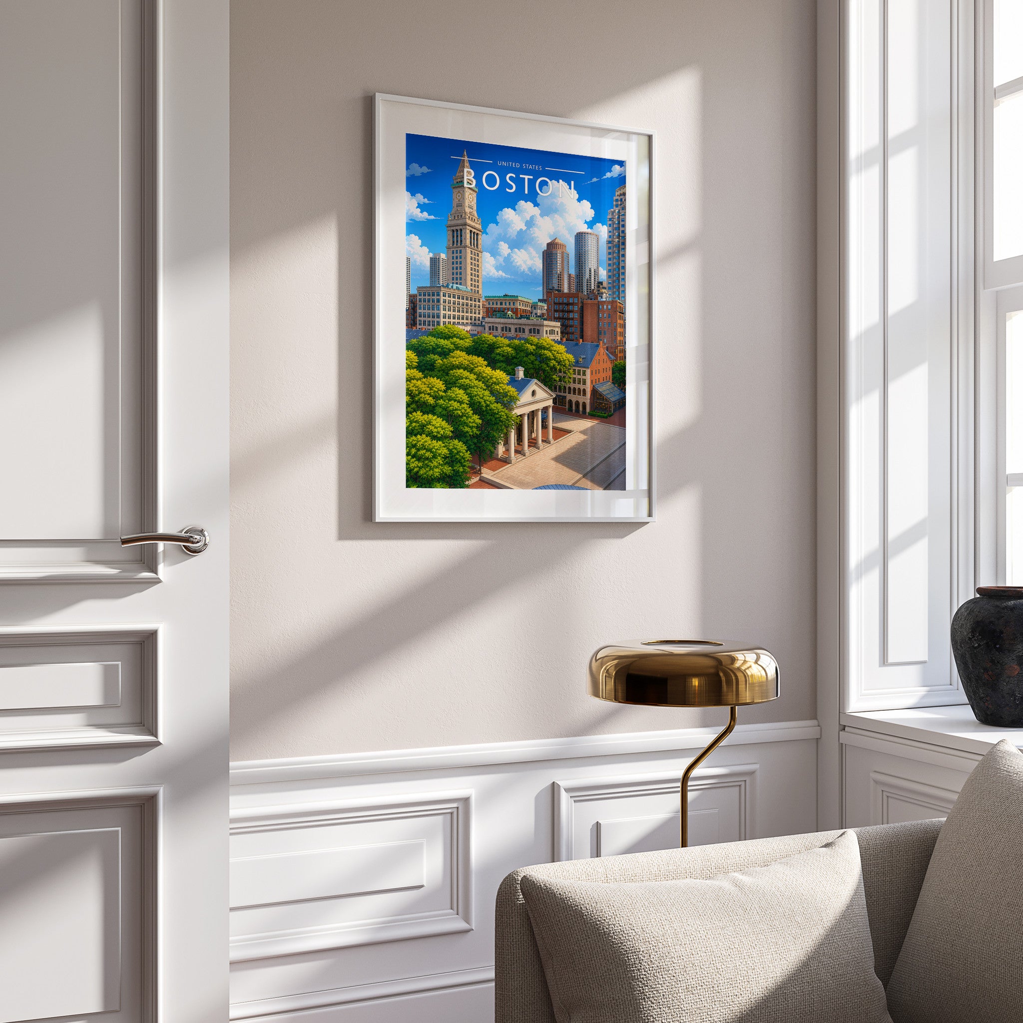 Boston Travel Poster in a white frame on a panelled wall