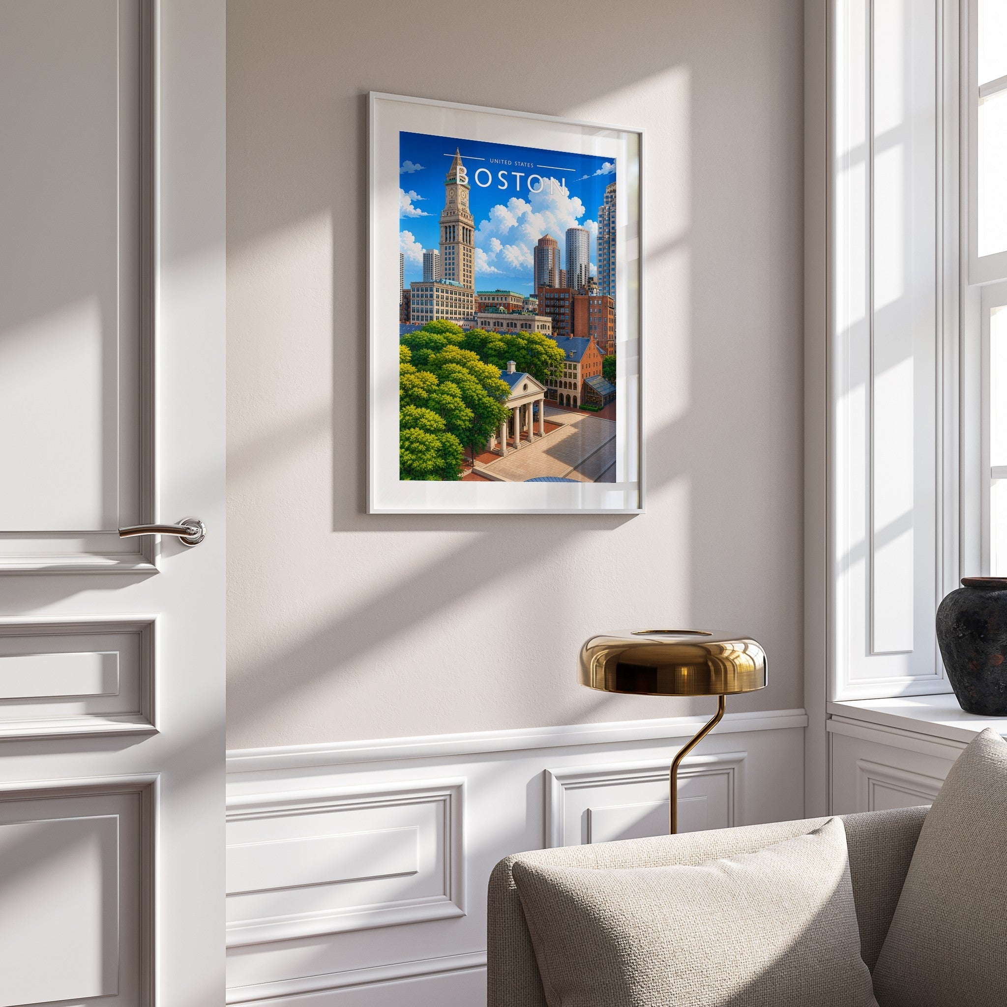 Boston Travel Poster mounted in a white frame