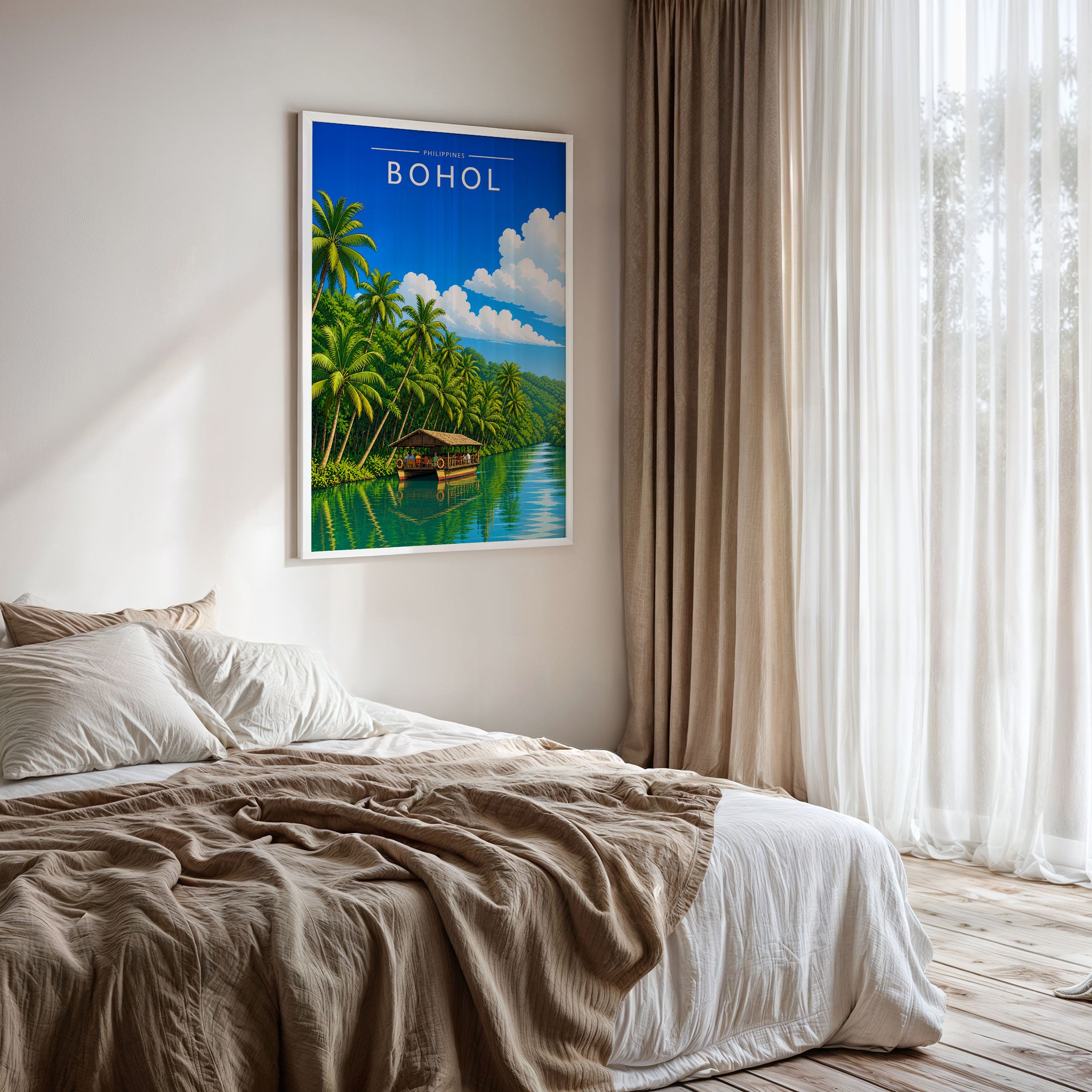 Bohol Travel Poster framed on a bedroom wall