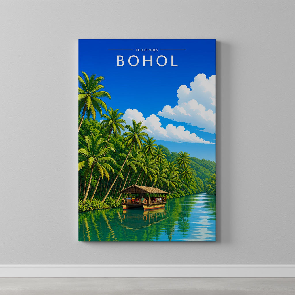 Bohol Travel Poster as a gallery-wrapped canvas on a plain wall