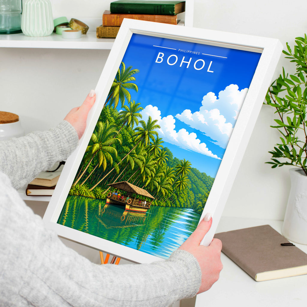Bohol Travel Poster in a white frame, held to show scale
