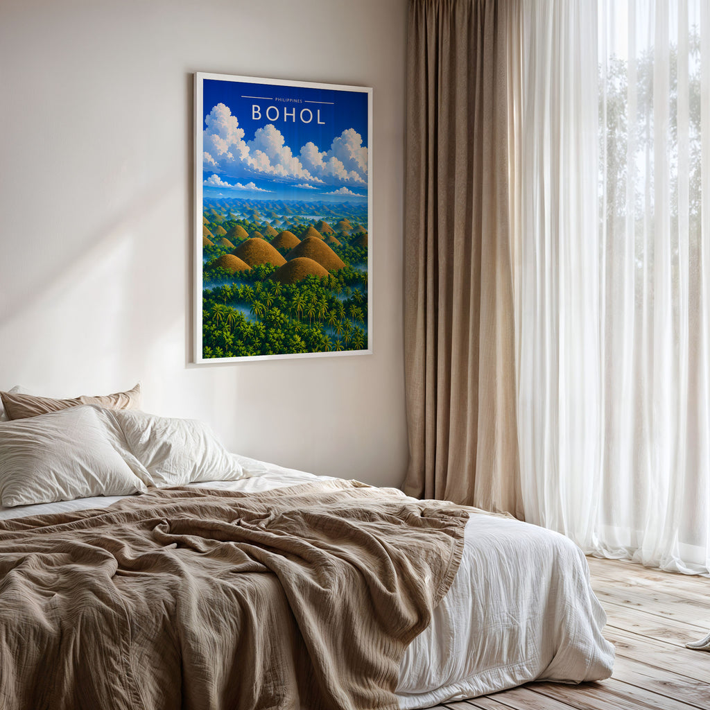 Bohol #2 Travel Poster framed on a bedroom wall