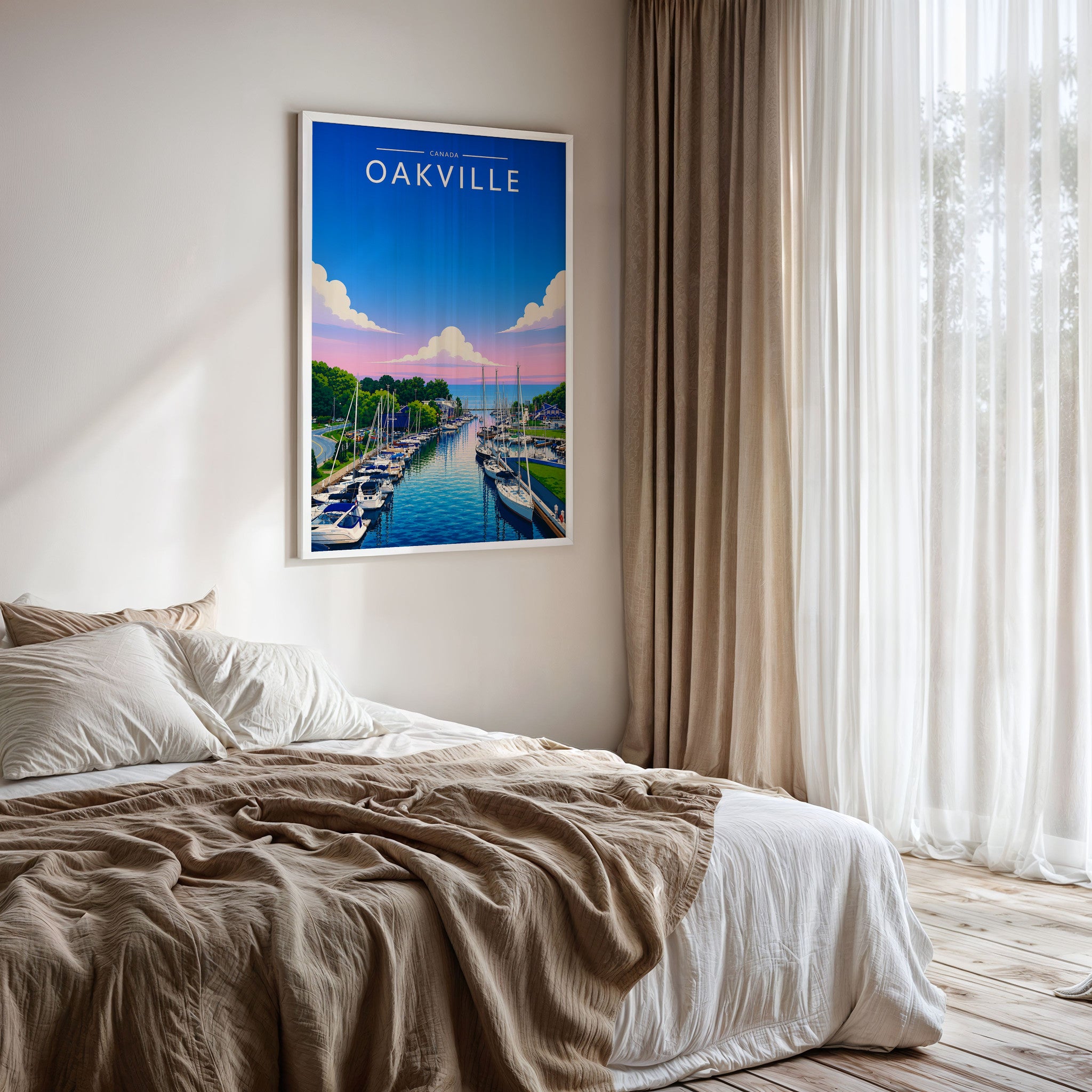 Oakville Travel Poster framed on a bedroom wall