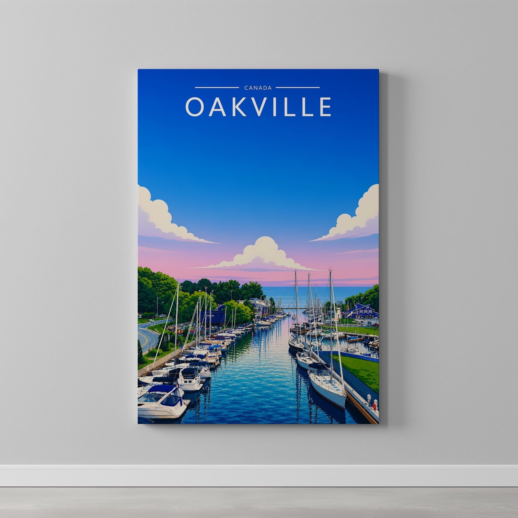 Oakville Travel Poster as a gallery-wrapped canvas on a plain wall
