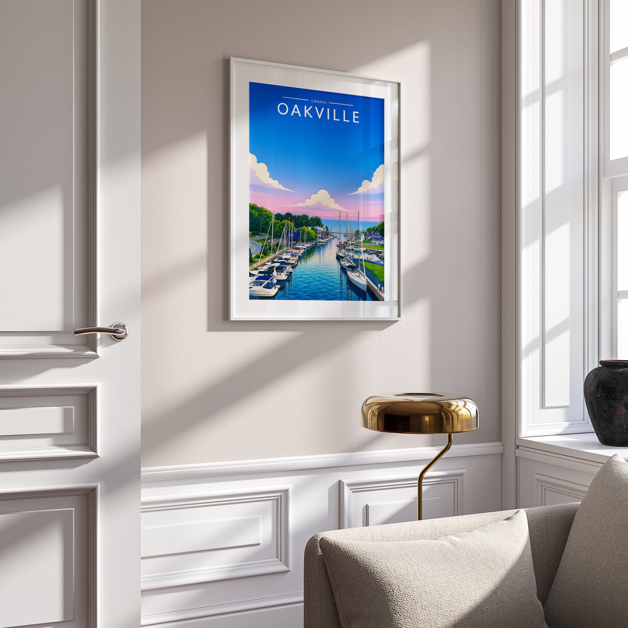 Oakville Travel Poster in a white frame on a panelled wall