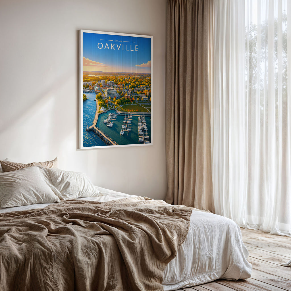 Oakville #2 Travel Poster framed on a bedroom wall