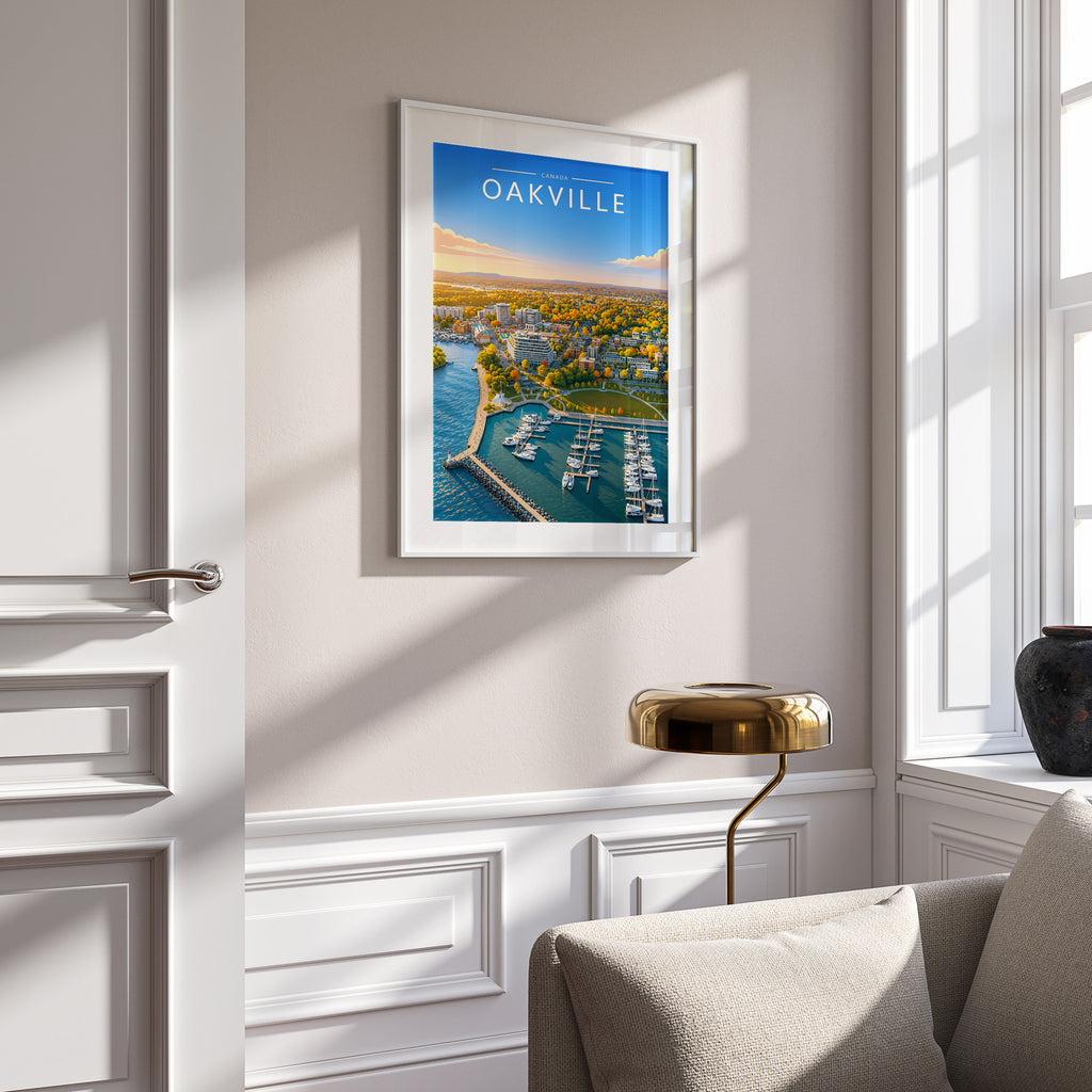 Oakville #2 Travel Poster in a white frame on a panelled wall