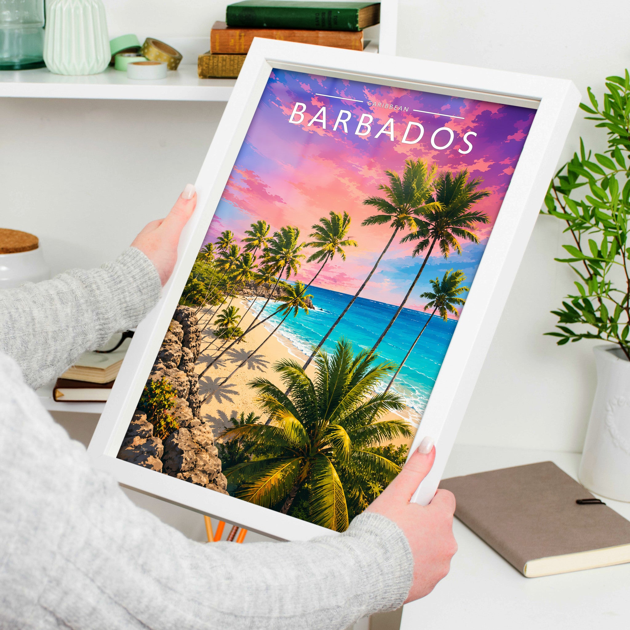 Barbados #3 Travel Poster in a white frame, held to show scale
