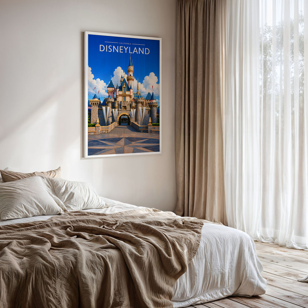 Anaheim Travel Poster framed on a bedroom wall