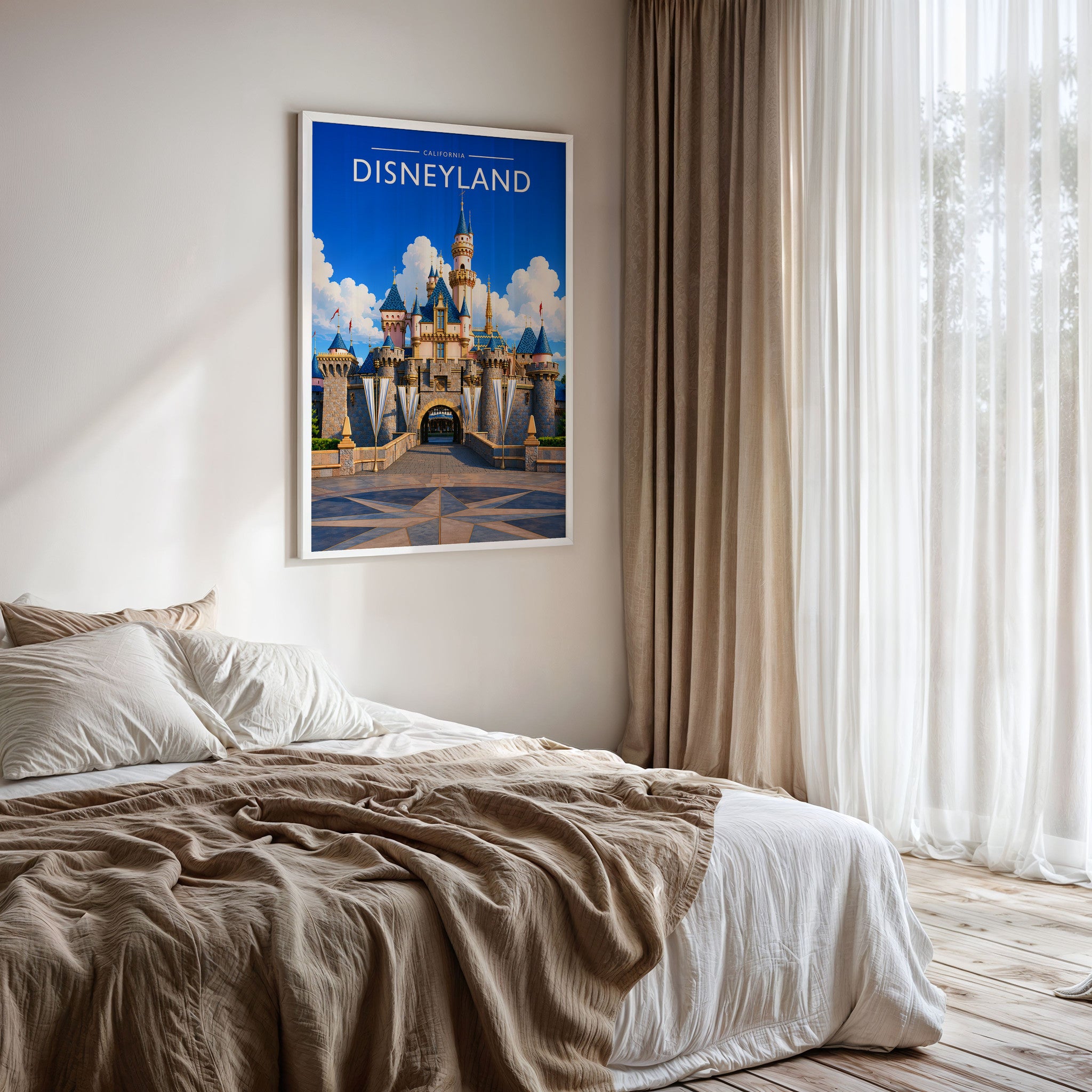 Anaheim Travel Poster framed on a bedroom wall