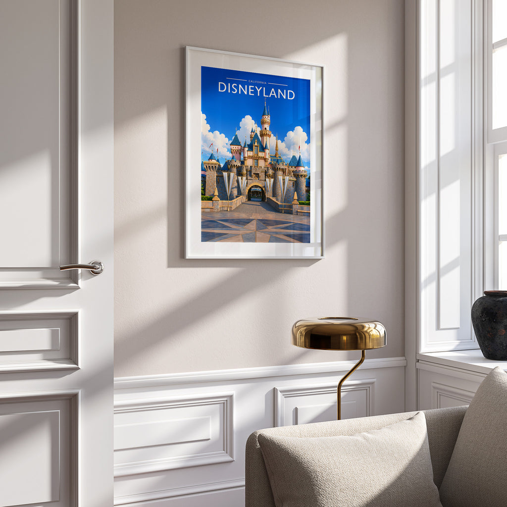 Anaheim Travel Poster in a white frame on a panelled wall