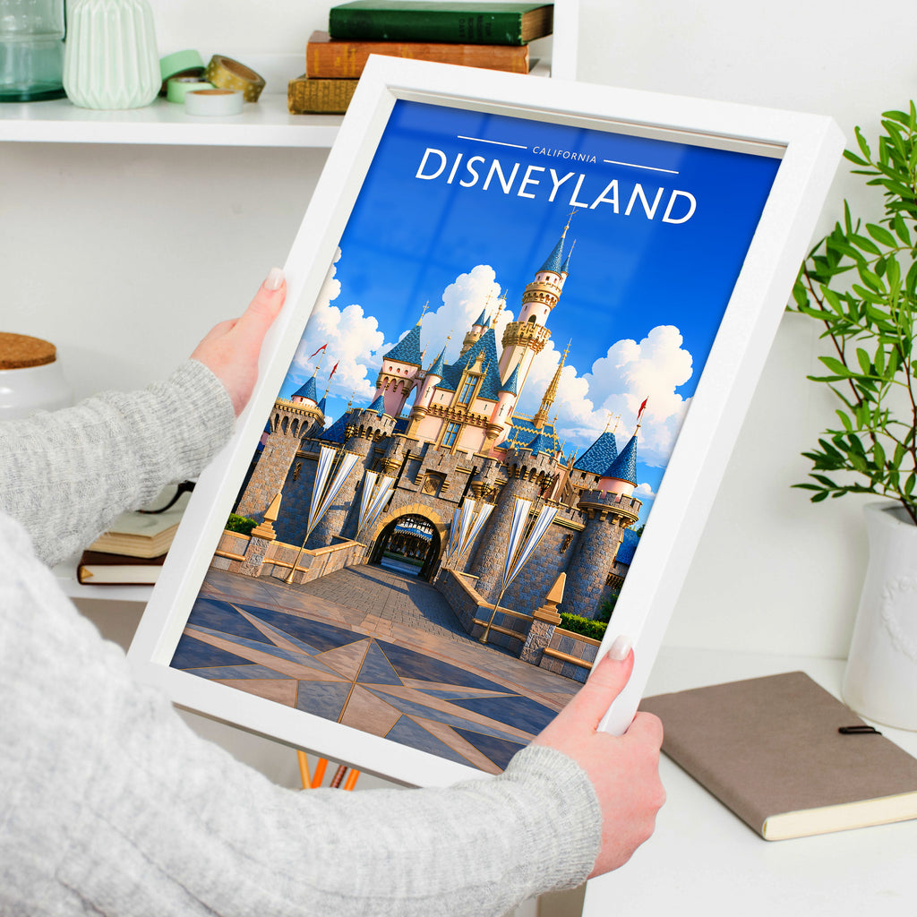 Anaheim Travel Poster in a white frame, held to show scale
