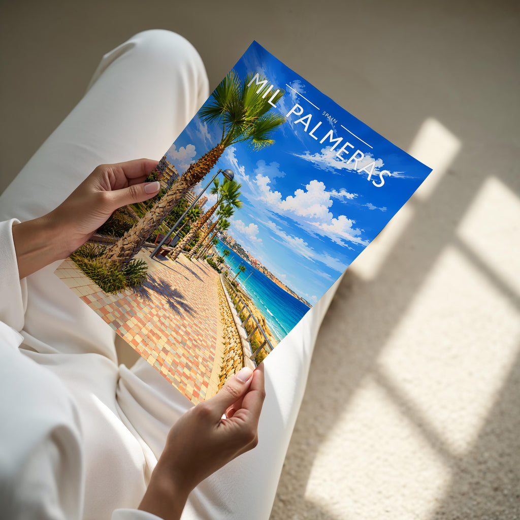 Mil Palmeras Travel Poster - A4 print held in hand