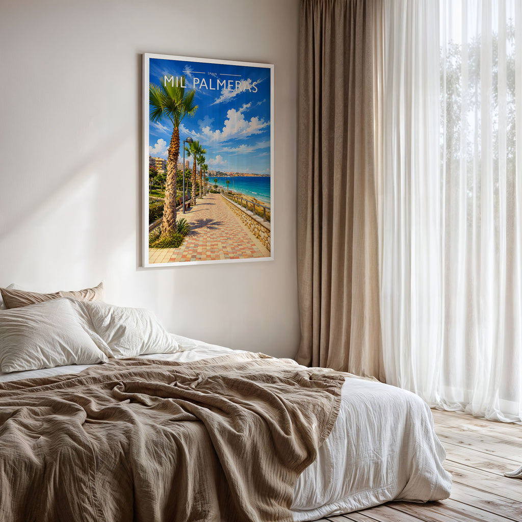 Mil Palmeras Travel Poster framed on a bedroom wall