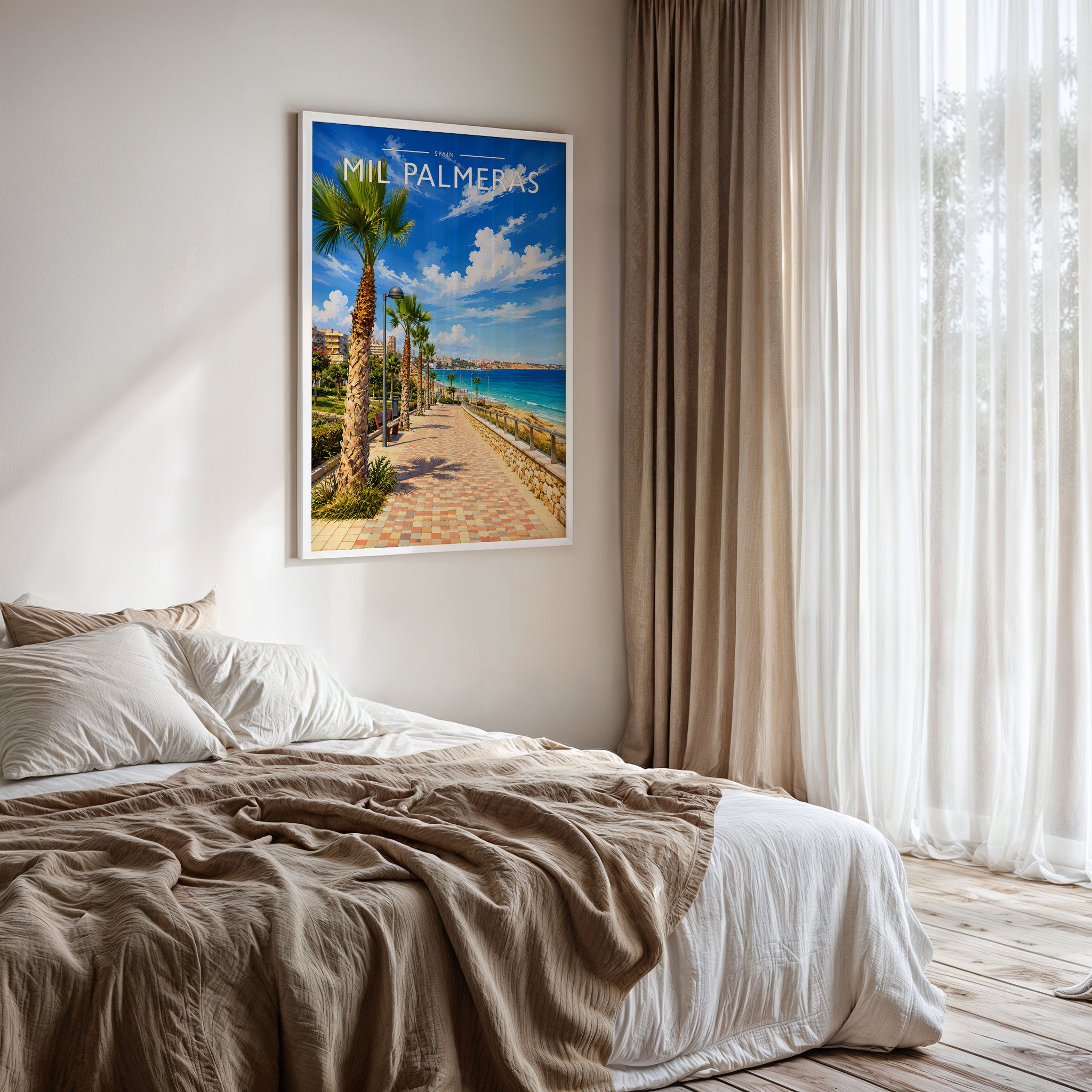 Mil Palmeras Travel Poster framed on a bedroom wall