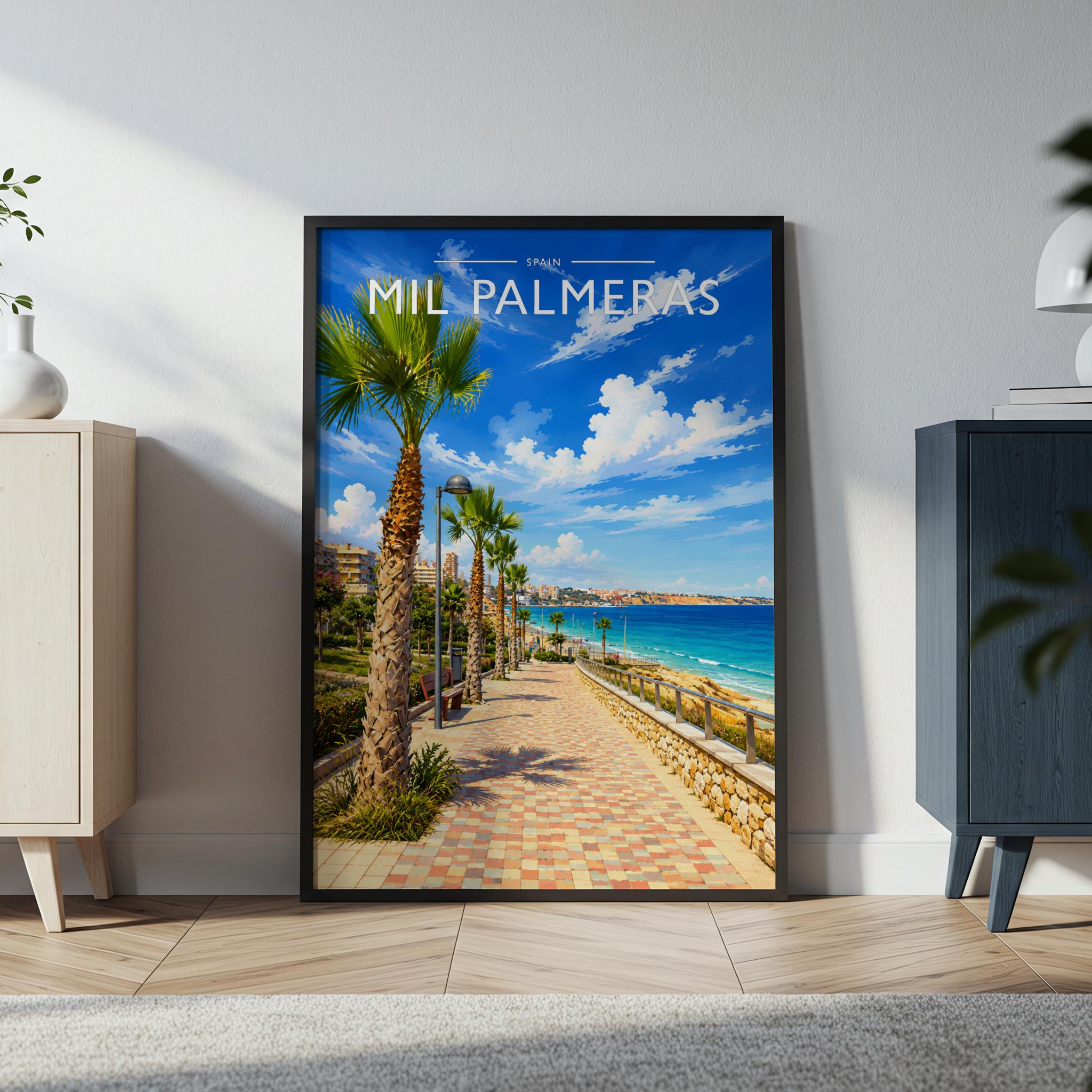 Mil Palmeras Travel Poster in a black frame