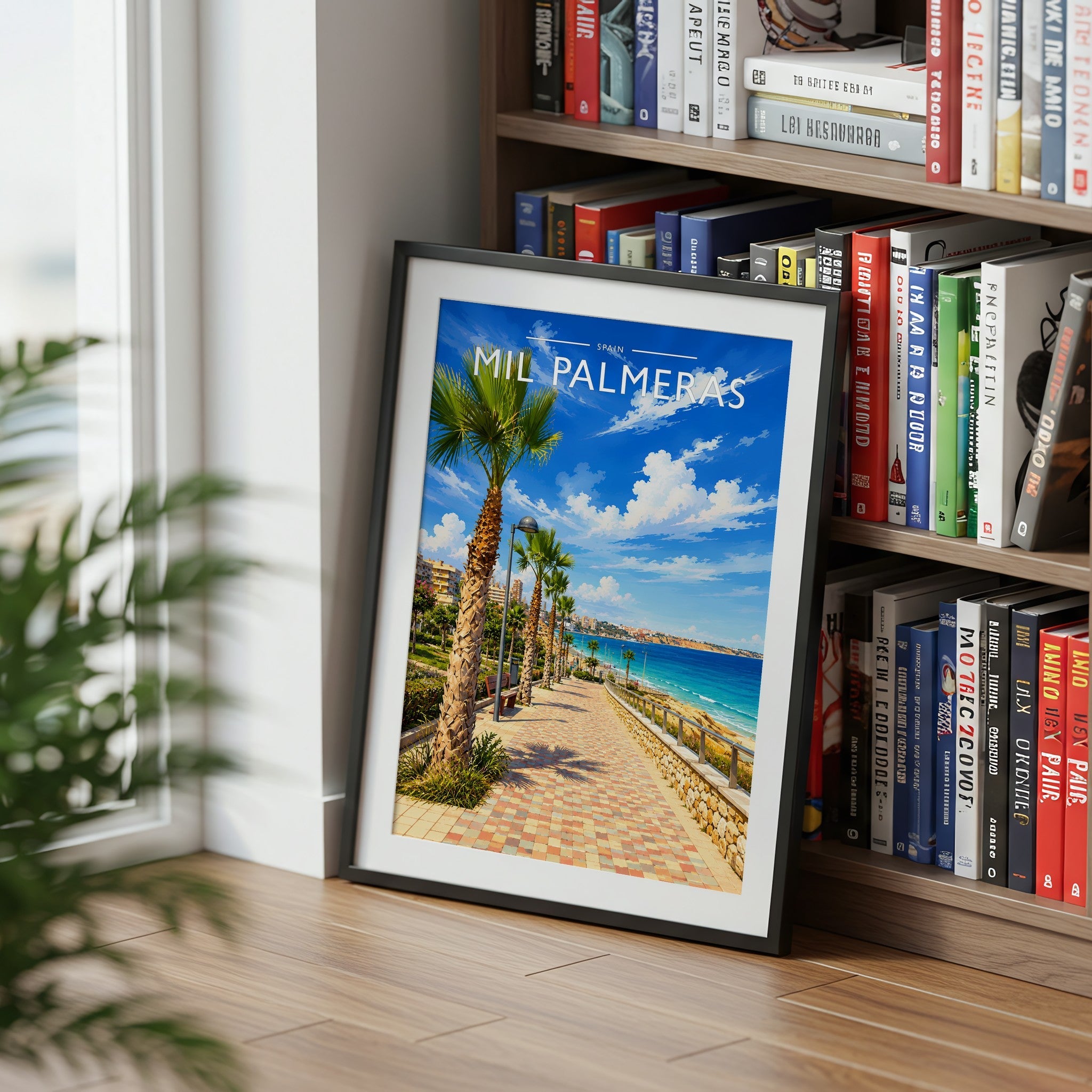 Mil Palmeras Travel Poster mounted in a black frame