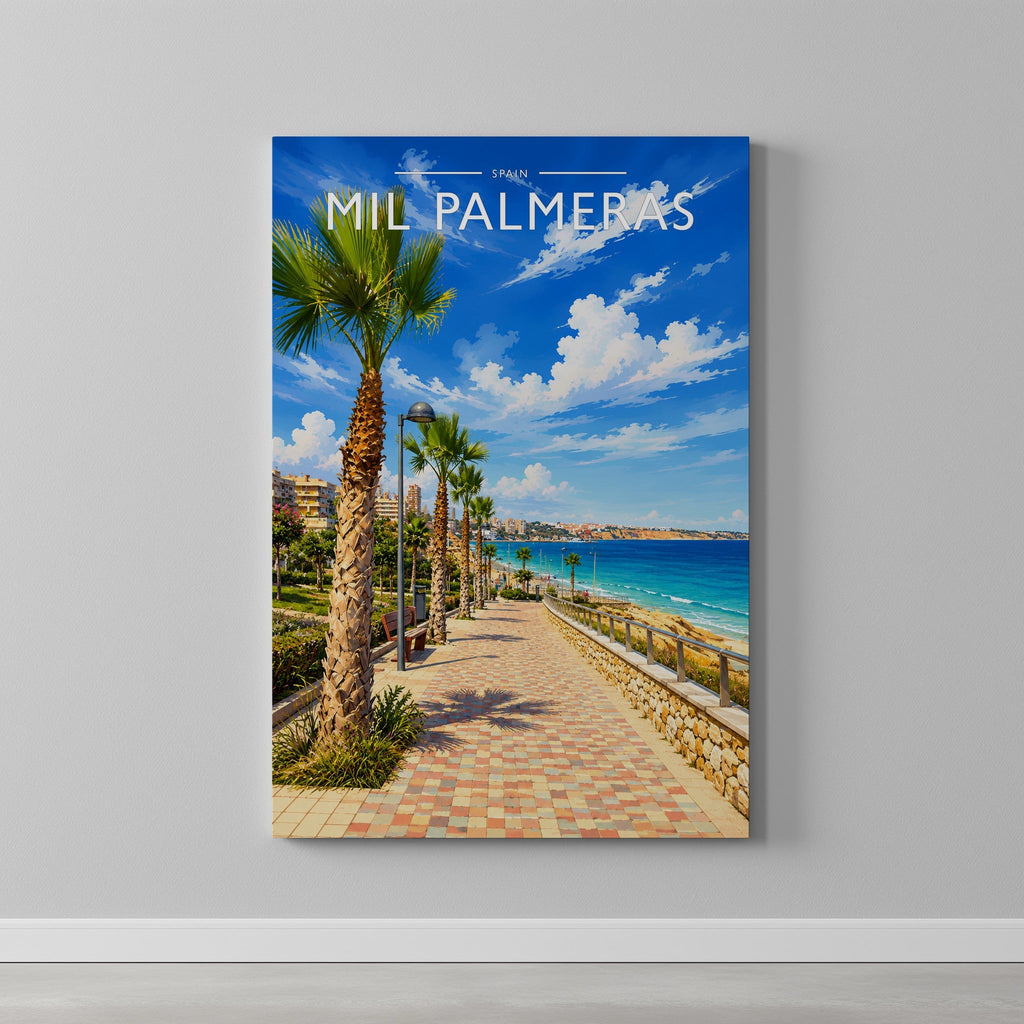 Mil Palmeras Travel Poster as a gallery-wrapped canvas on a plain wall