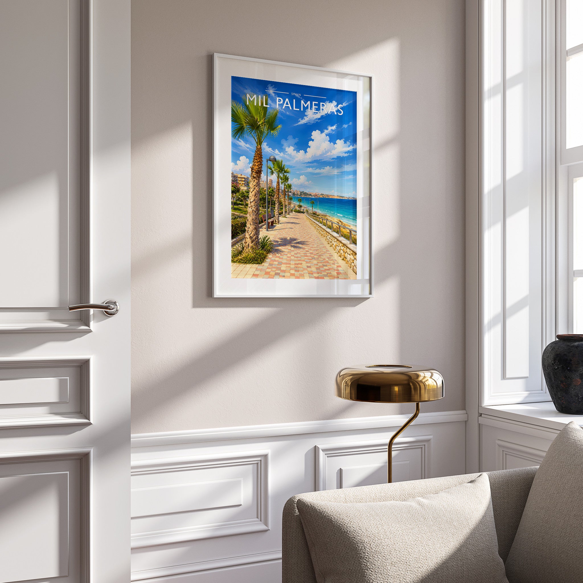 Mil Palmeras Travel Poster in a white frame on a panelled wall