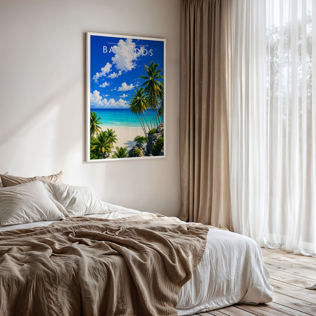 Barbados #4 Travel Poster framed on a bedroom wall