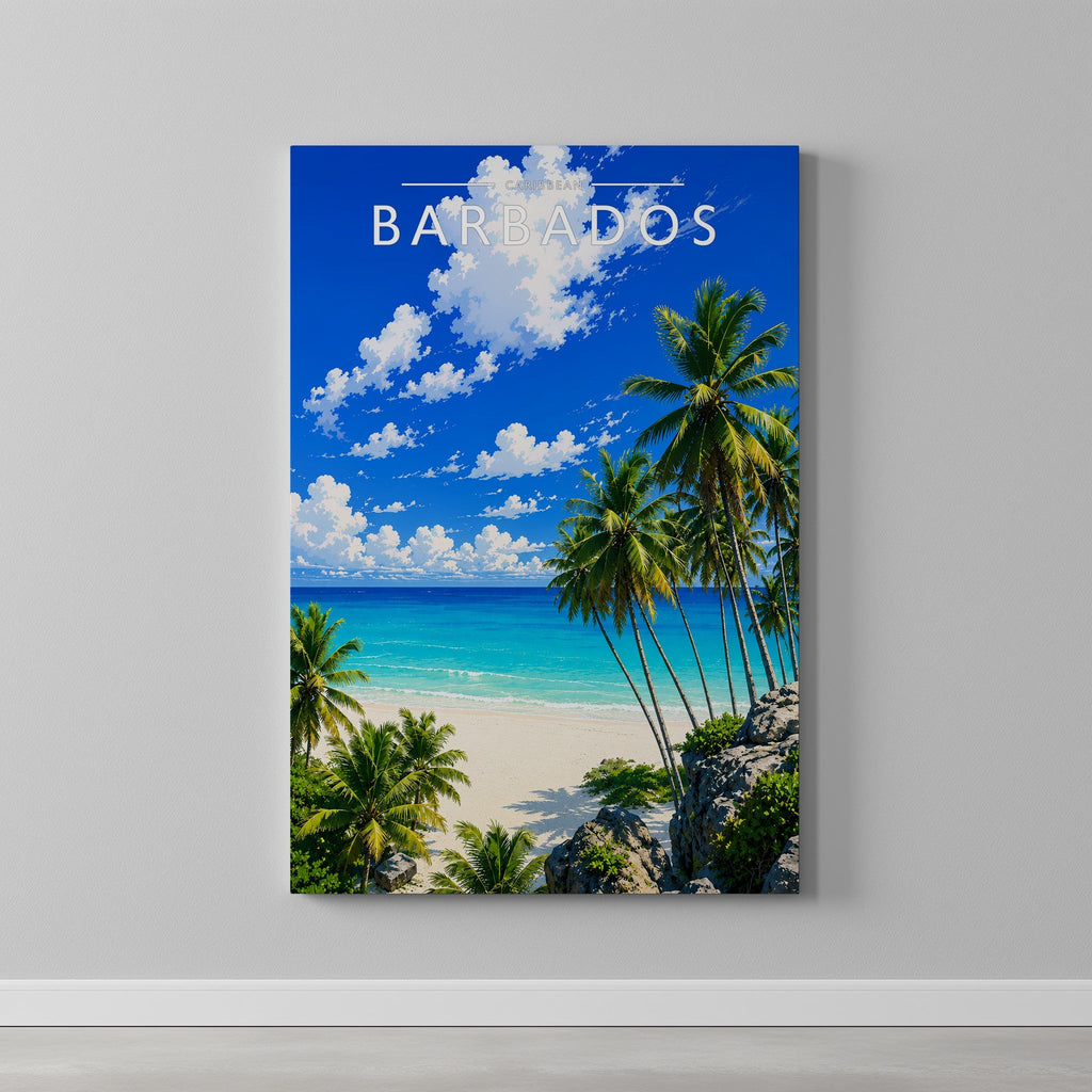 Barbados #4 Travel Poster as a gallery-wrapped canvas on a plain wall