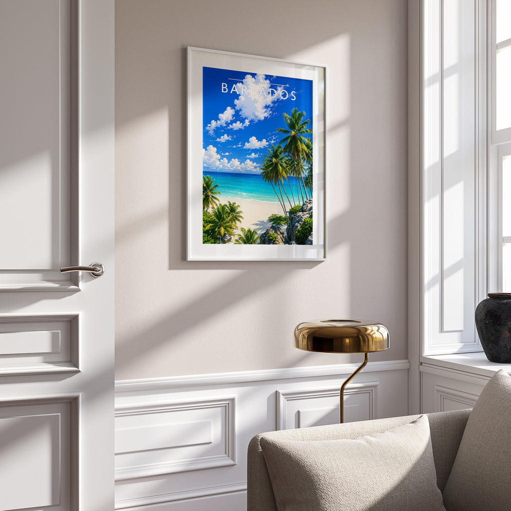 Barbados #4 Travel Poster in a white frame on a panelled wall