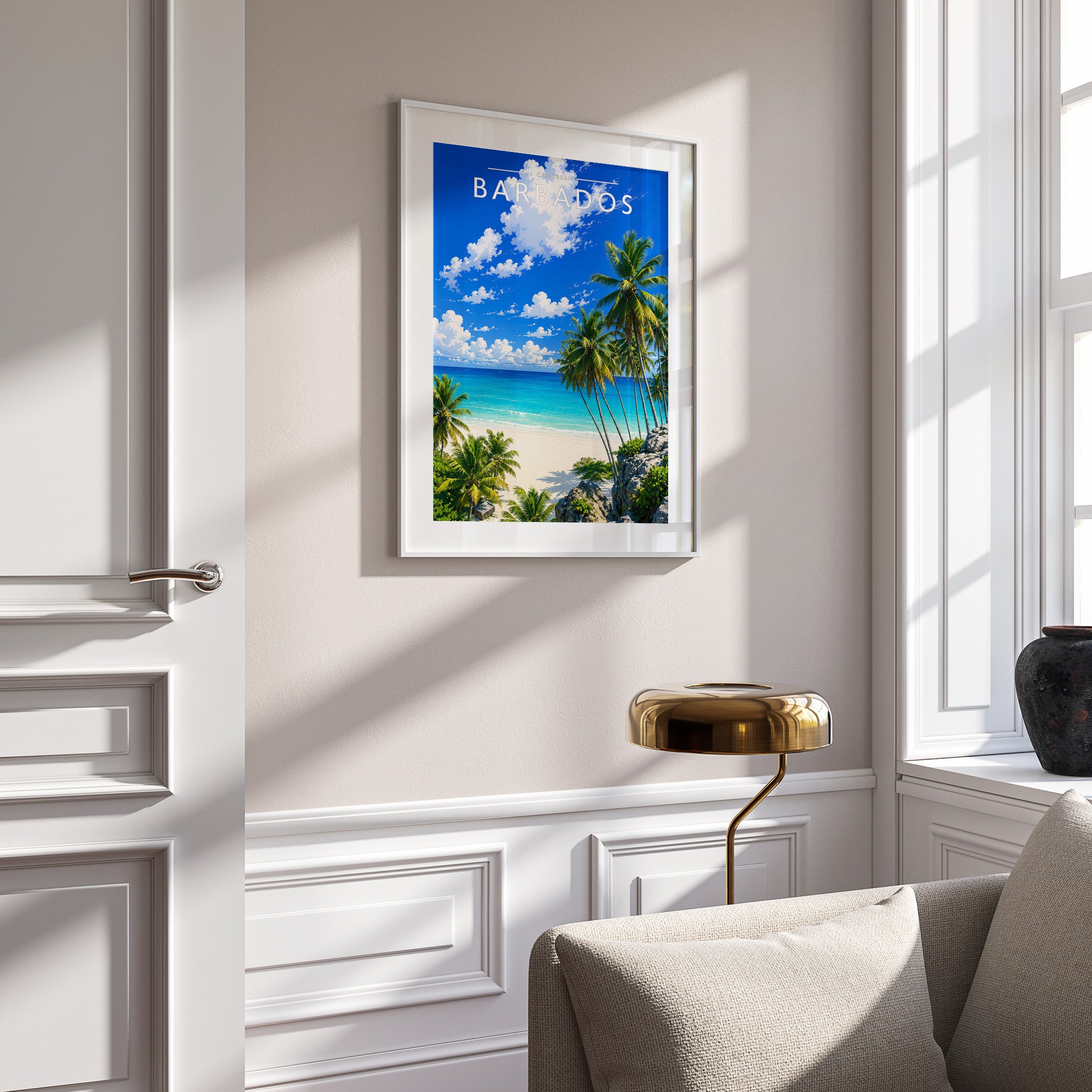 Barbados #4 Travel Poster in a white frame on a panelled wall