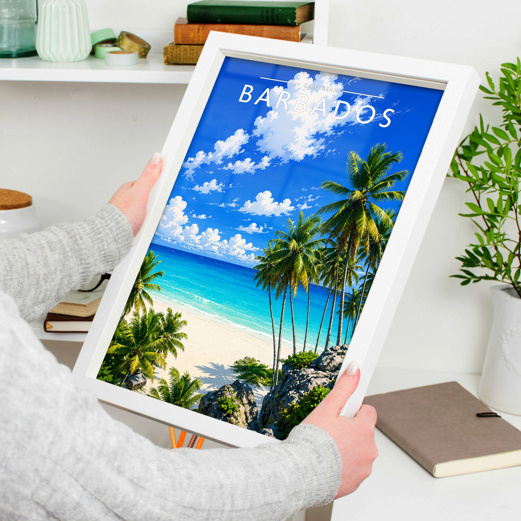 Barbados #4 Travel Poster in a white frame, held to show scale