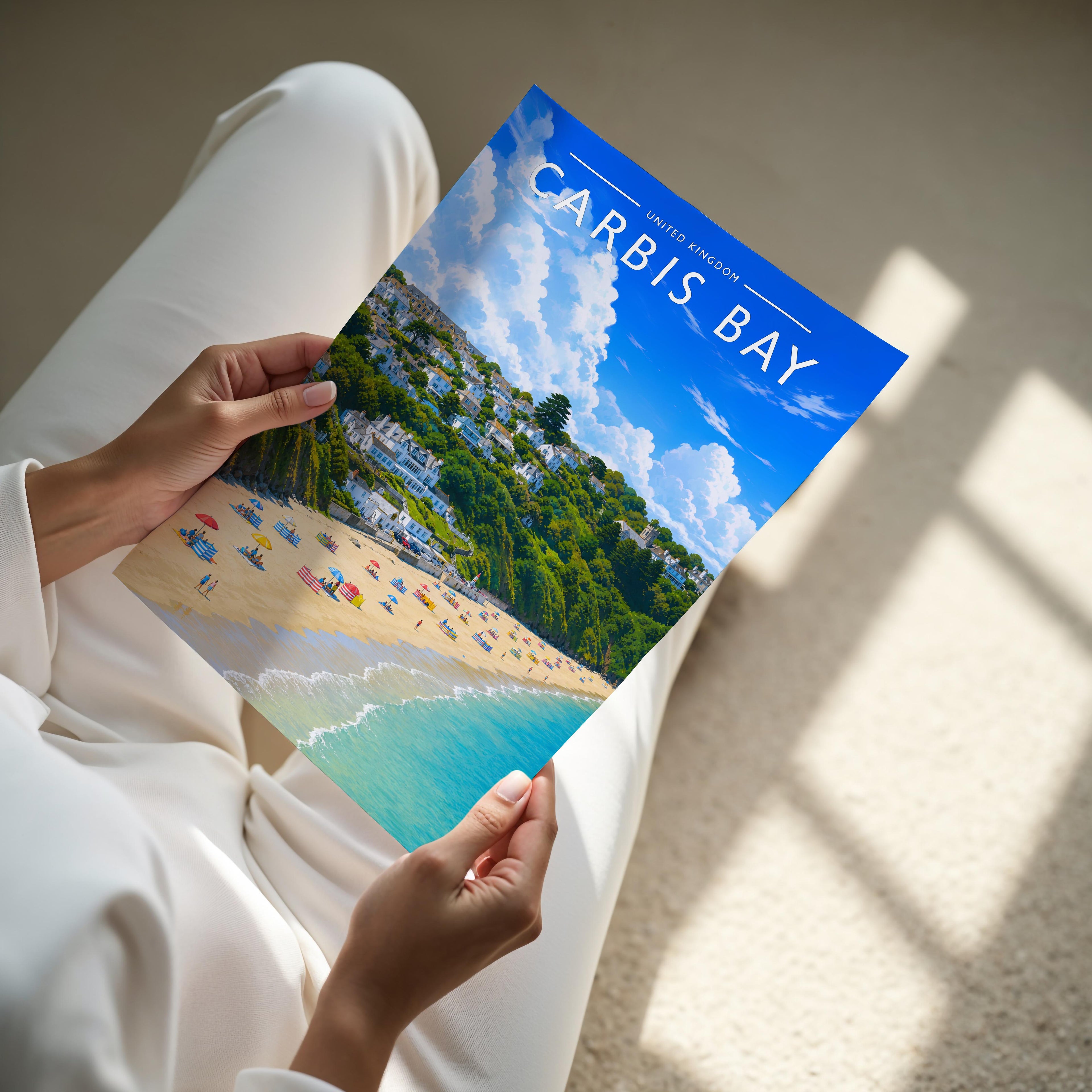 Carbis Bay Travel Poster - A4 print held in hand