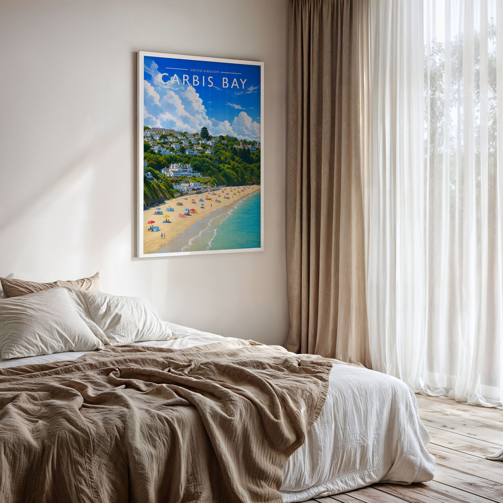 Carbis Bay Travel Poster framed on a bedroom wall