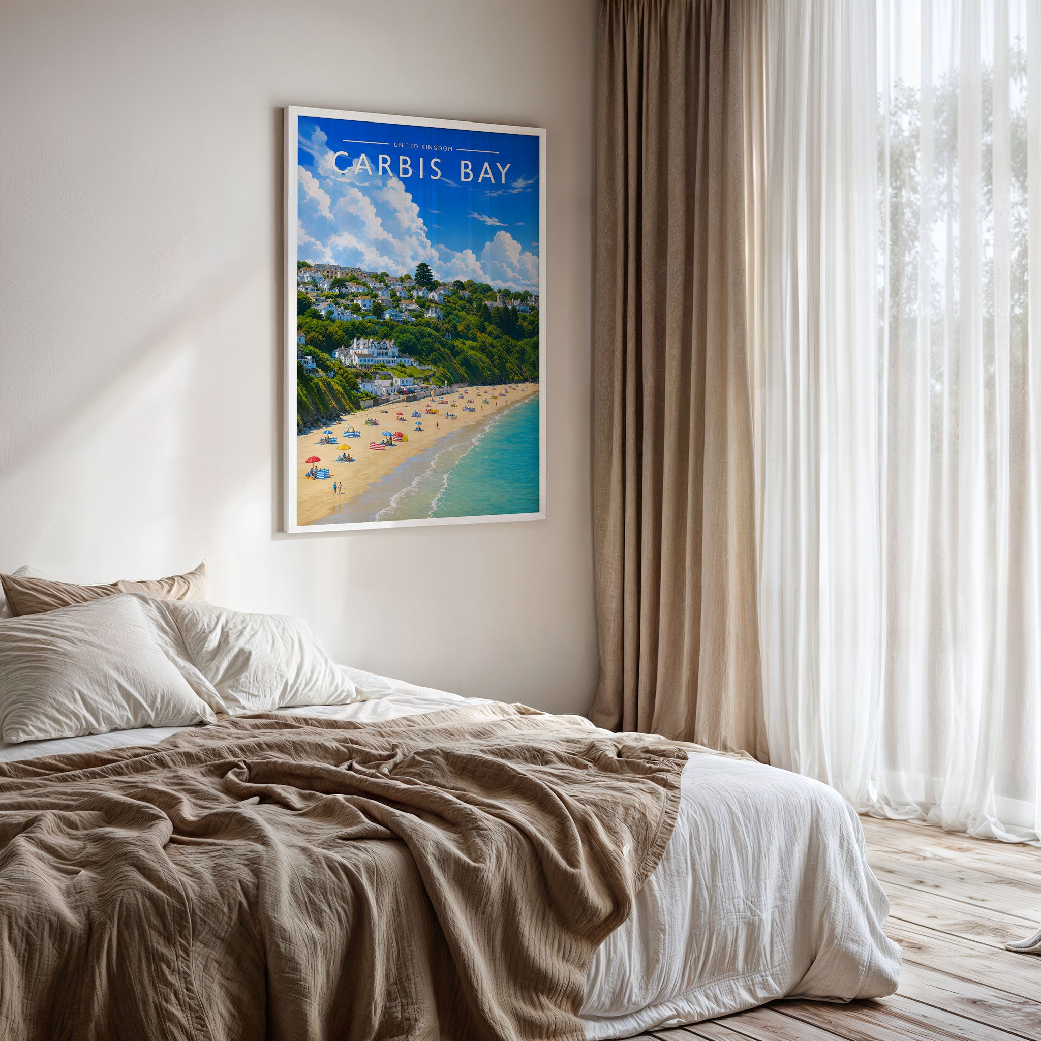 Carbis Bay Travel Poster framed on a bedroom wall