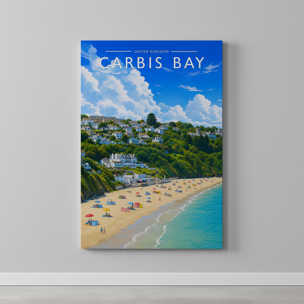 Carbis Bay Travel Poster as a gallery-wrapped canvas on a plain wall