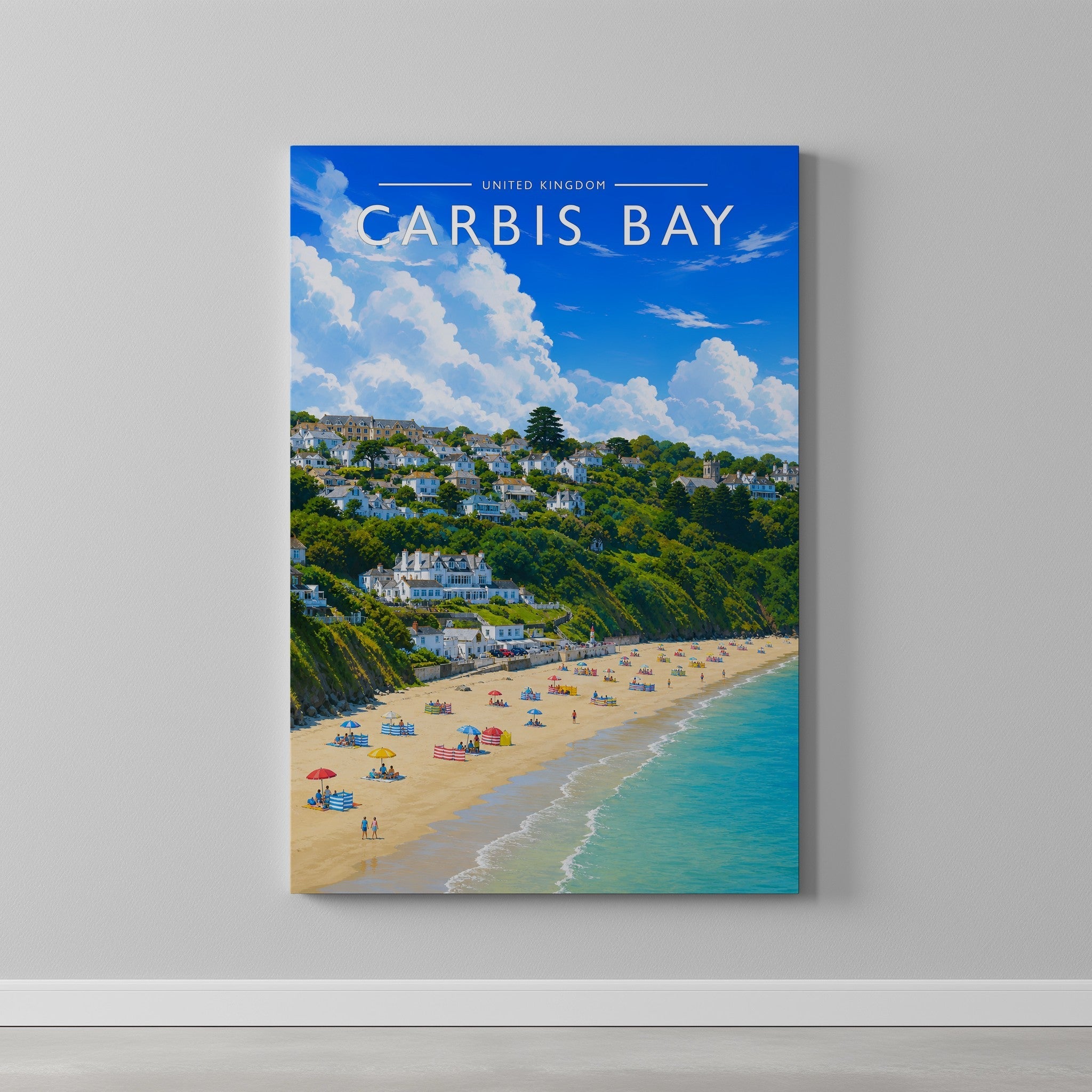 Carbis Bay Travel Poster as a gallery-wrapped canvas on a plain wall
